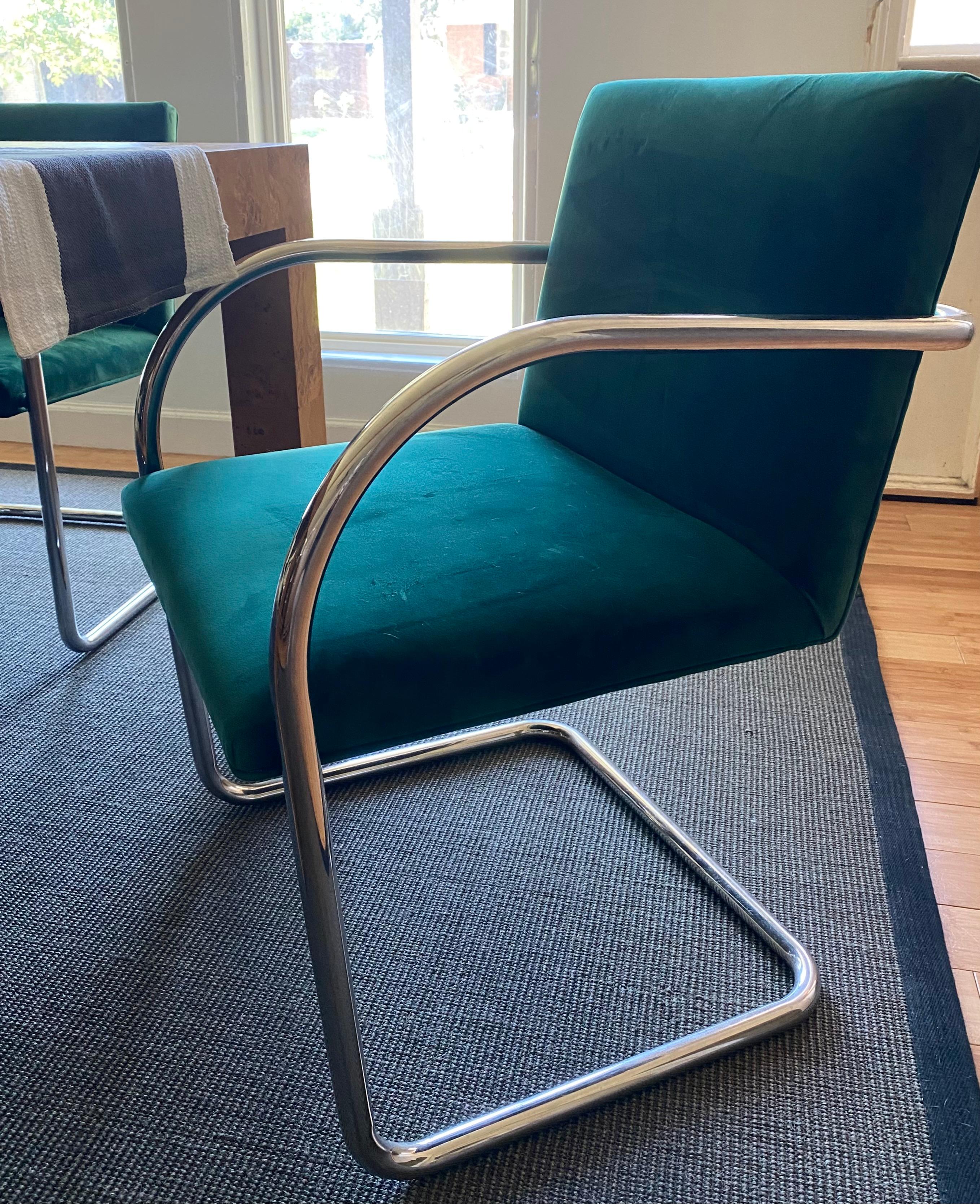 Mid-Century Modern (6) Green Velvet Knoll + Thonet Chrome Brno Cantilevered Chairs For Sale