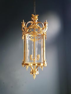Large Cylindrical Lantern in Louis XVI Style Brass Glass Pendant Lighting