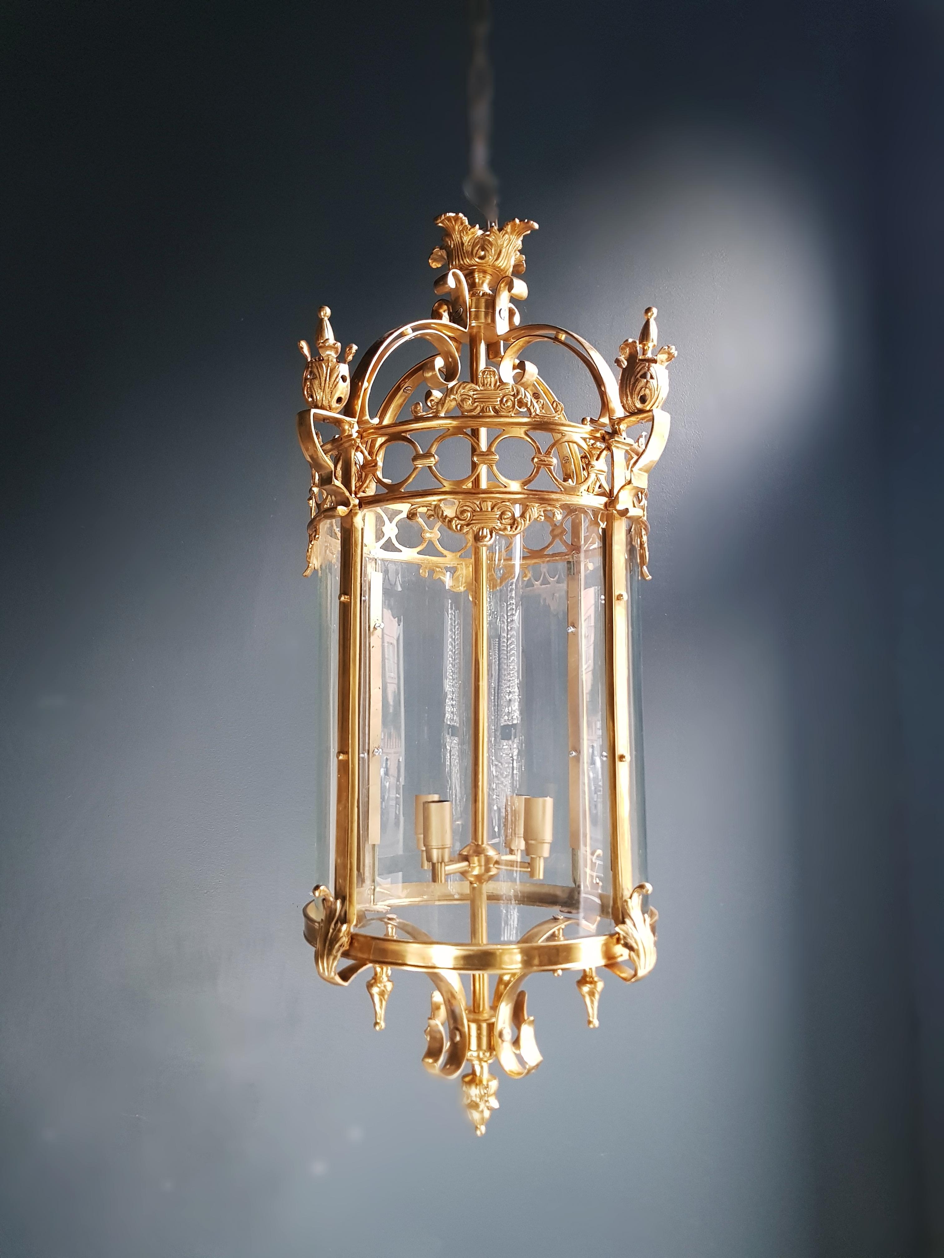 European Large Cylindrical Lantern in Louis XVI Style Brass Glass Pendant Lighting For Sale