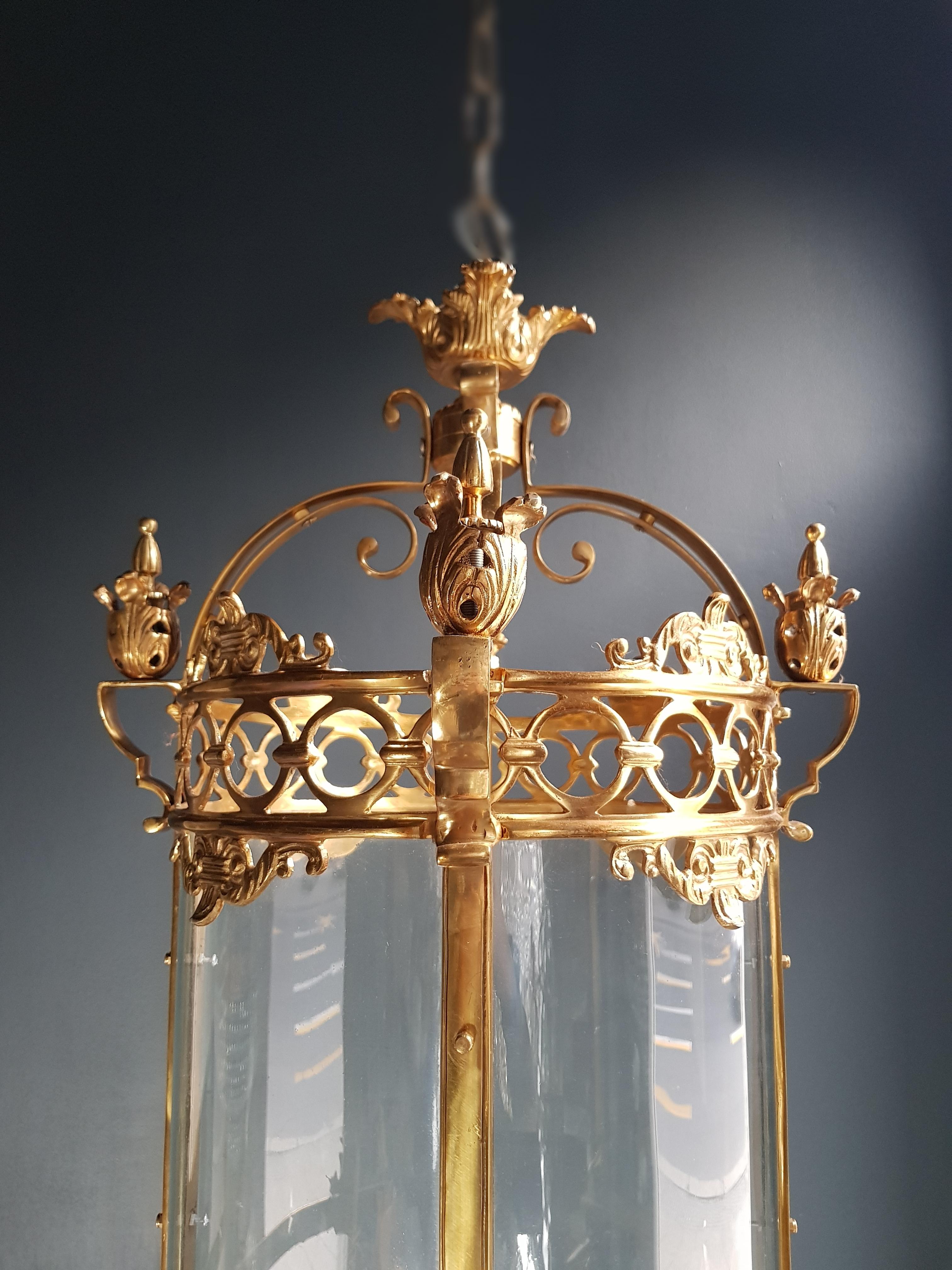 Large Cylindrical Lantern in Louis XVI Style Brass Glass Pendant Lighting In New Condition For Sale In Berlin, DE