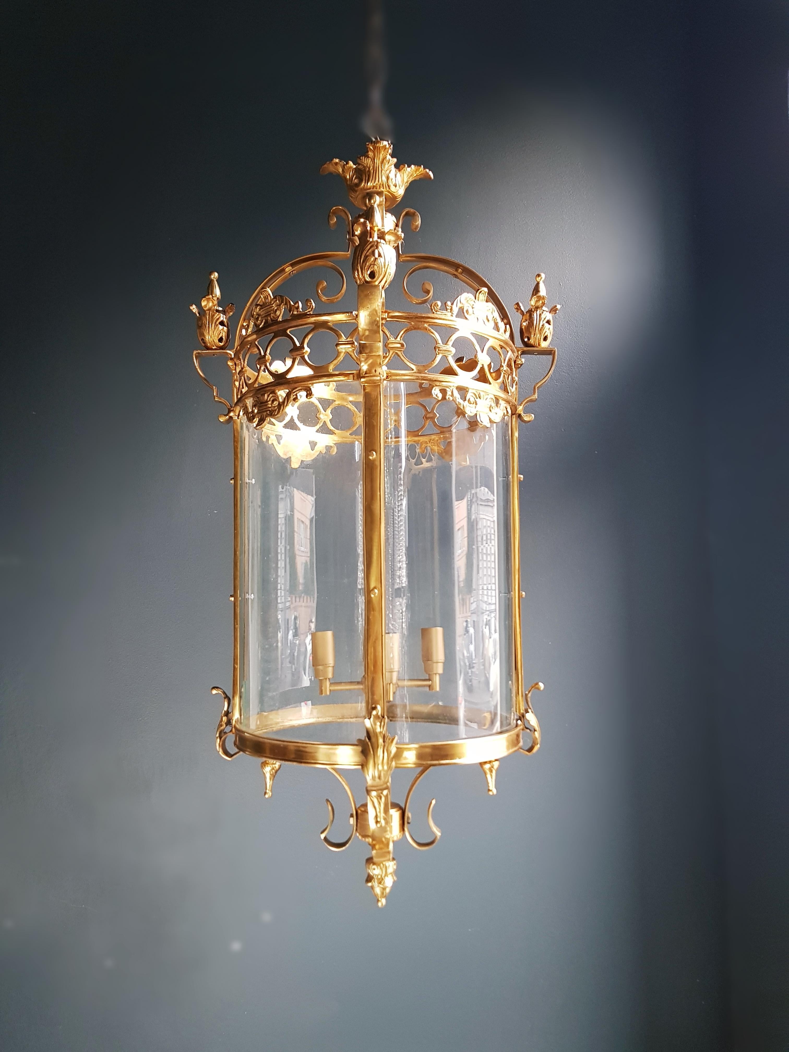 Large Cylindrical Lantern in Louis XVI Style Brass Glass Pendant Lighting For Sale 1