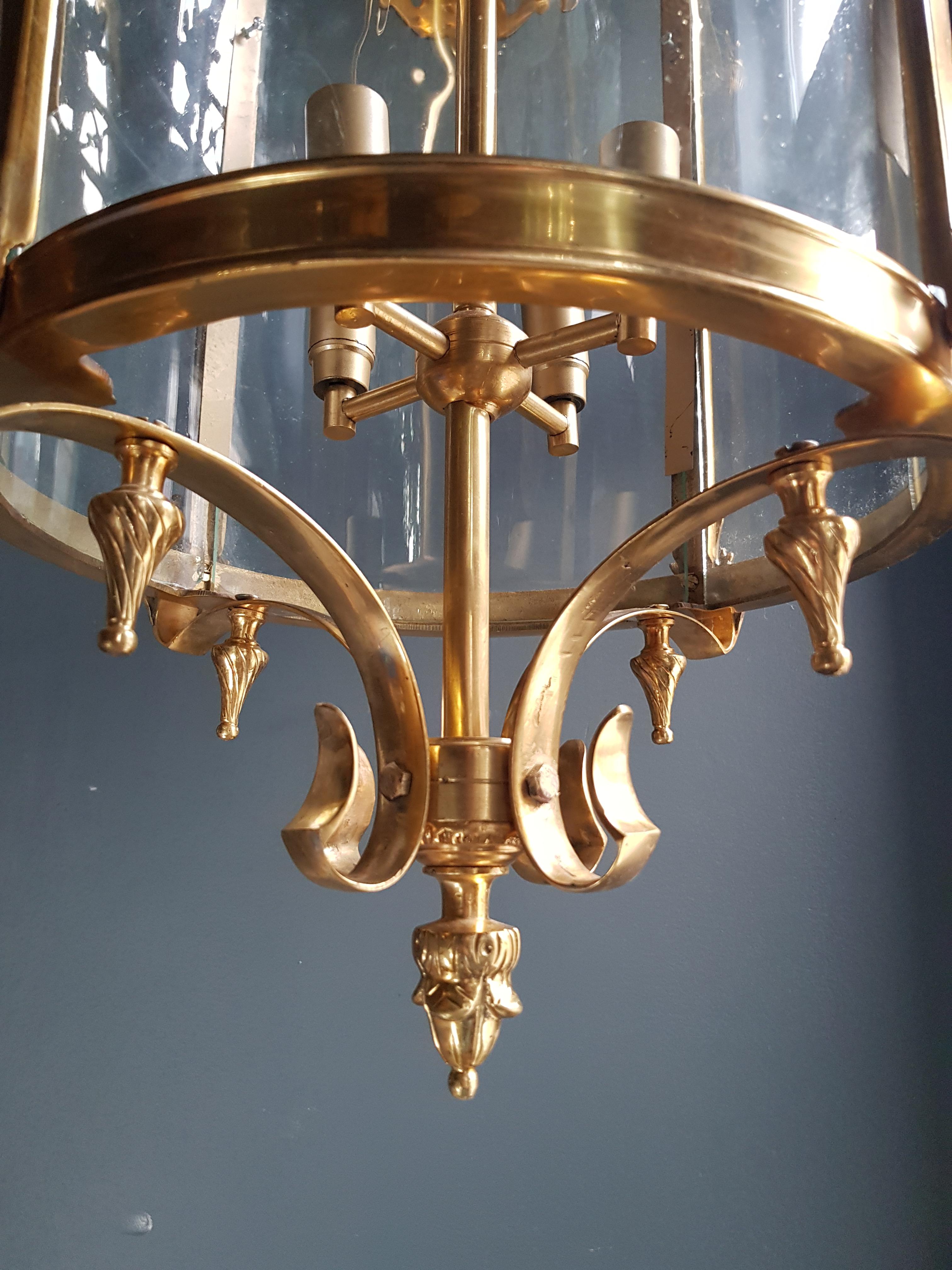 Large Cylindrical Lantern in Louis XVI Style Brass Glass Pendant Lighting For Sale 3
