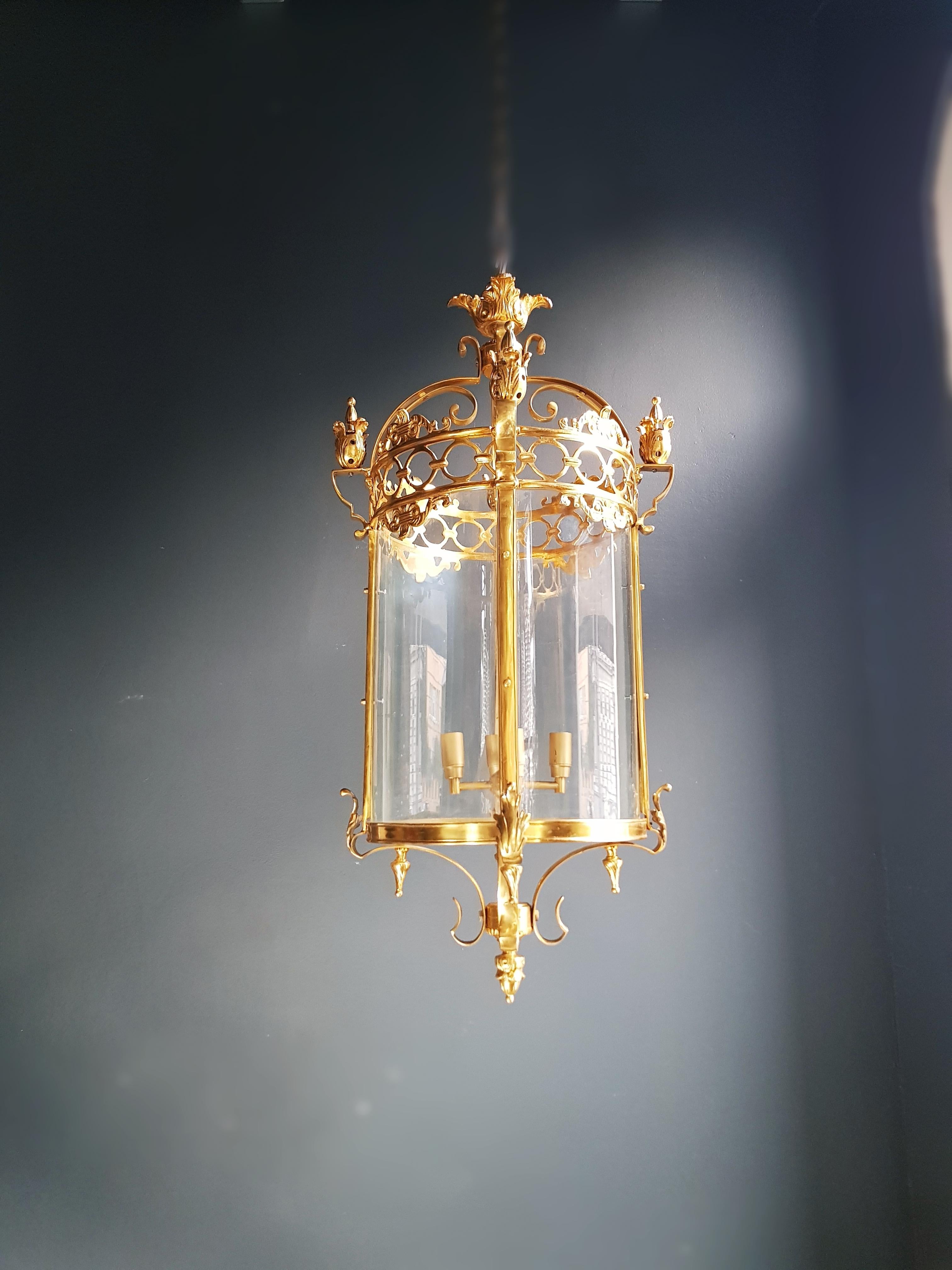 Large Cylindrical Lantern in Louis XVI Style Brass Glass Pendant Lighting For Sale 4