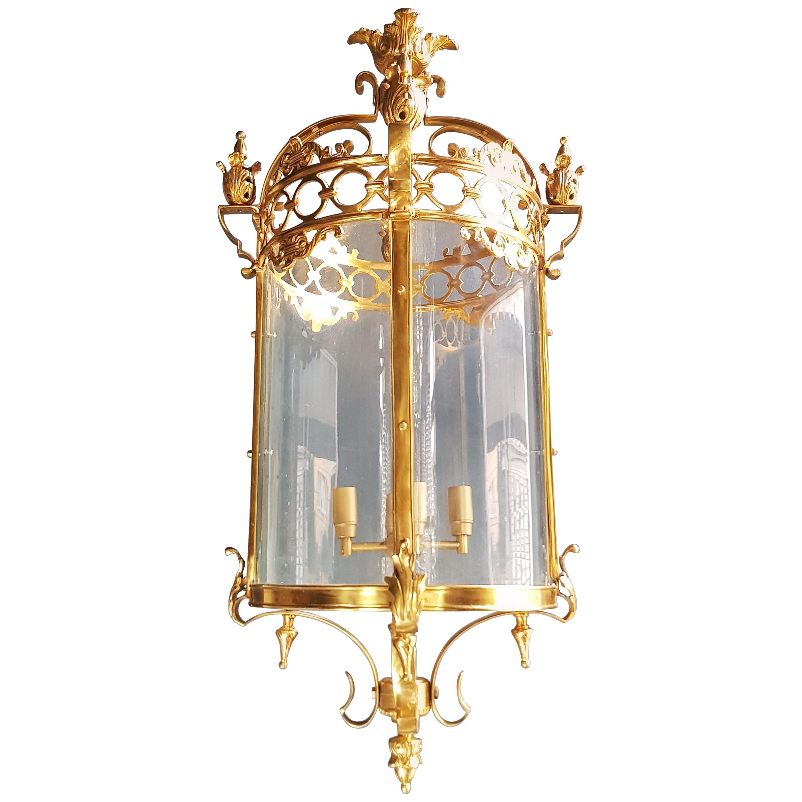 Large Cylindrical Lantern in Louis XVI Style Brass Glass Pendant Lighting For Sale