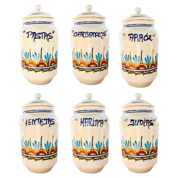 Kitchen Jars 6 Large Popular  Ceramic Vintage , Never Used. Blu and White , Spain For Sale