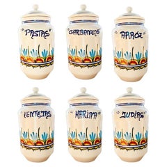 Kitchen Jars 6 Large Popular  Ceramic Vintage ,Never Used. Blu and White ,Spain