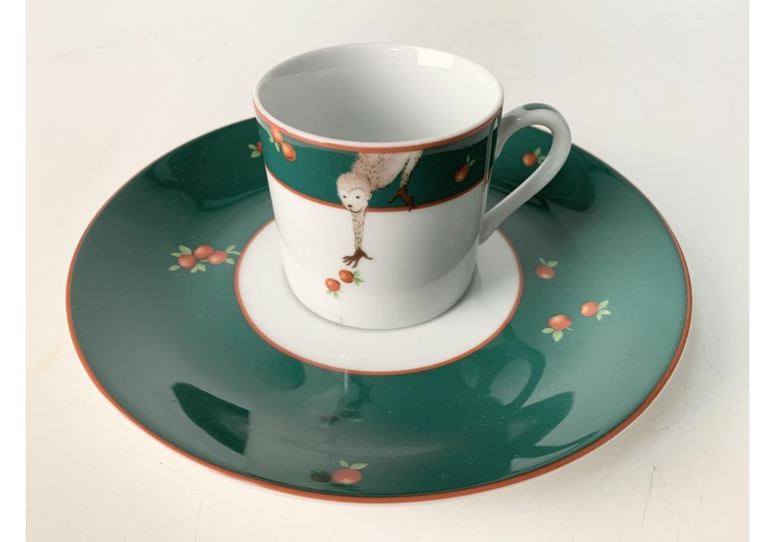 Japanese 6 Le Cirque Green Cup & Over-sized Saucer Custom By Sasaki Japan With Monkey For Sale
