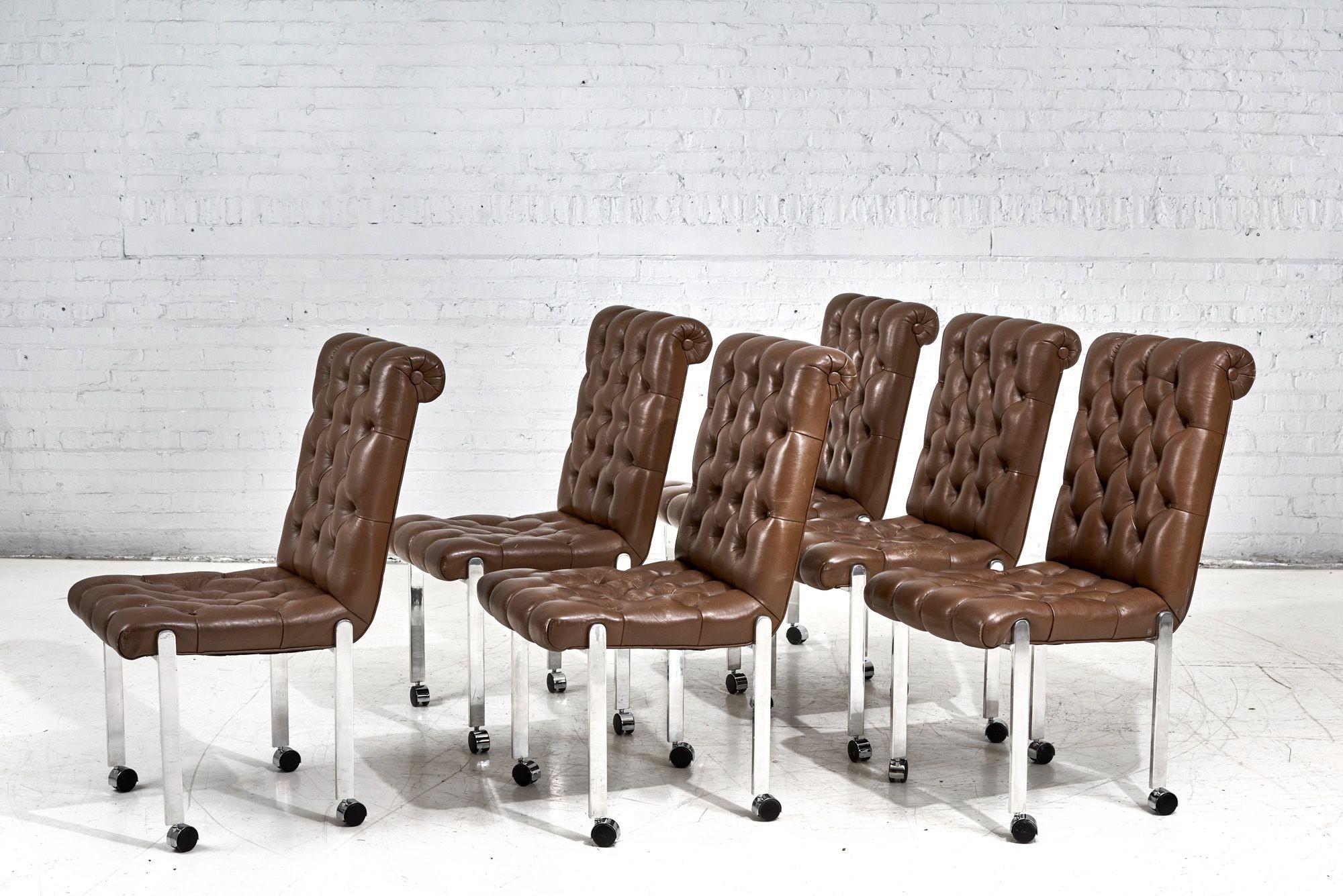 Mid-Century Modern 6 Leather Tufted Dining Chairs on Casters, 1970