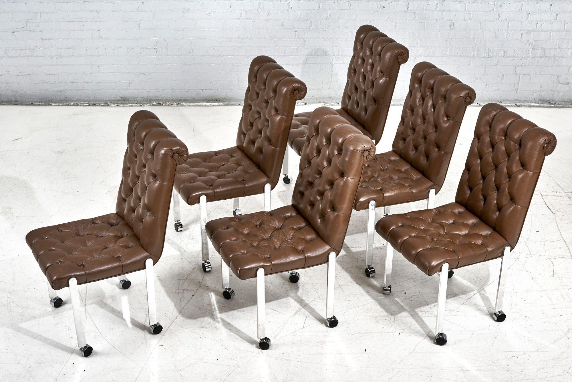 American 6 Leather Tufted Dining Chairs on Casters, 1970