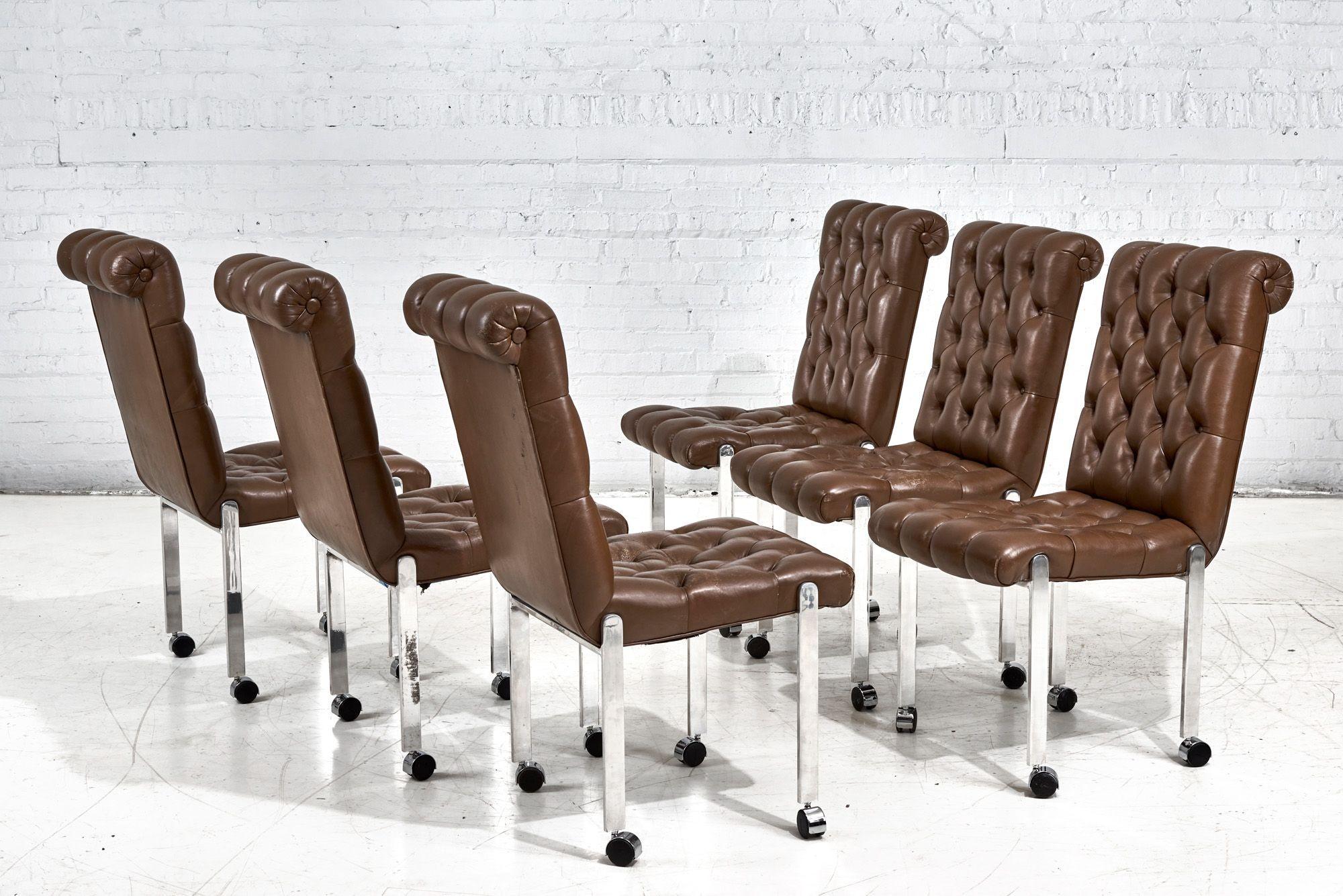 6 Leather Tufted Dining Chairs on Casters, 1970 In Good Condition In Chicago, IL