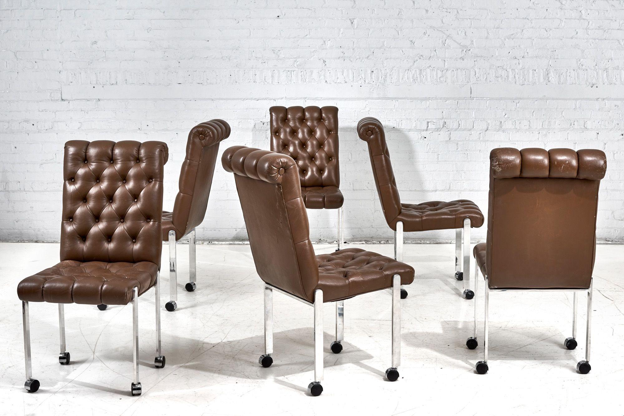 Late 20th Century 6 Leather Tufted Dining Chairs on Casters, 1970