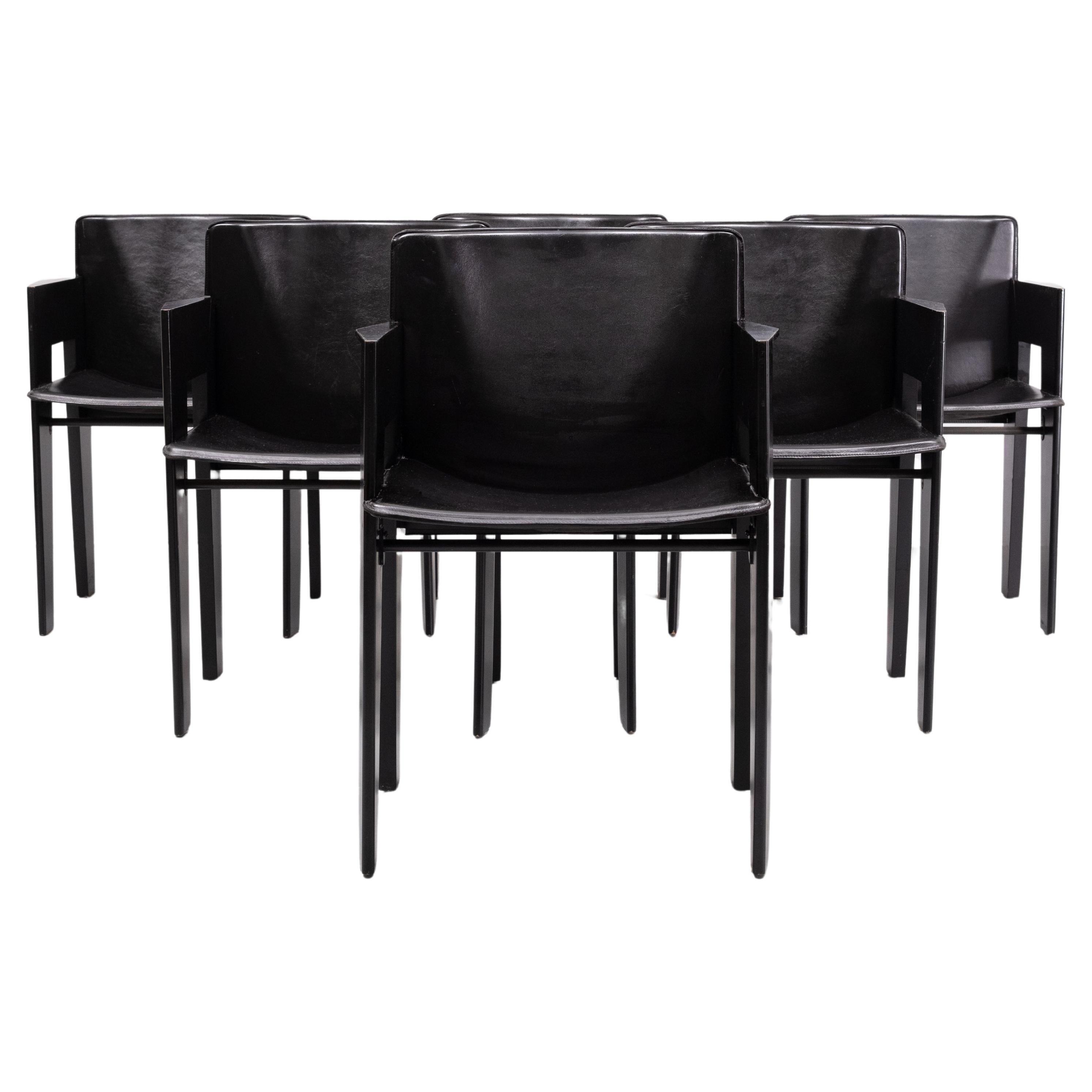Postmoderne 6 chaises de salle à manger en cuir et bois d'Arnold Merckx pour Arco, vers 1980 en vente