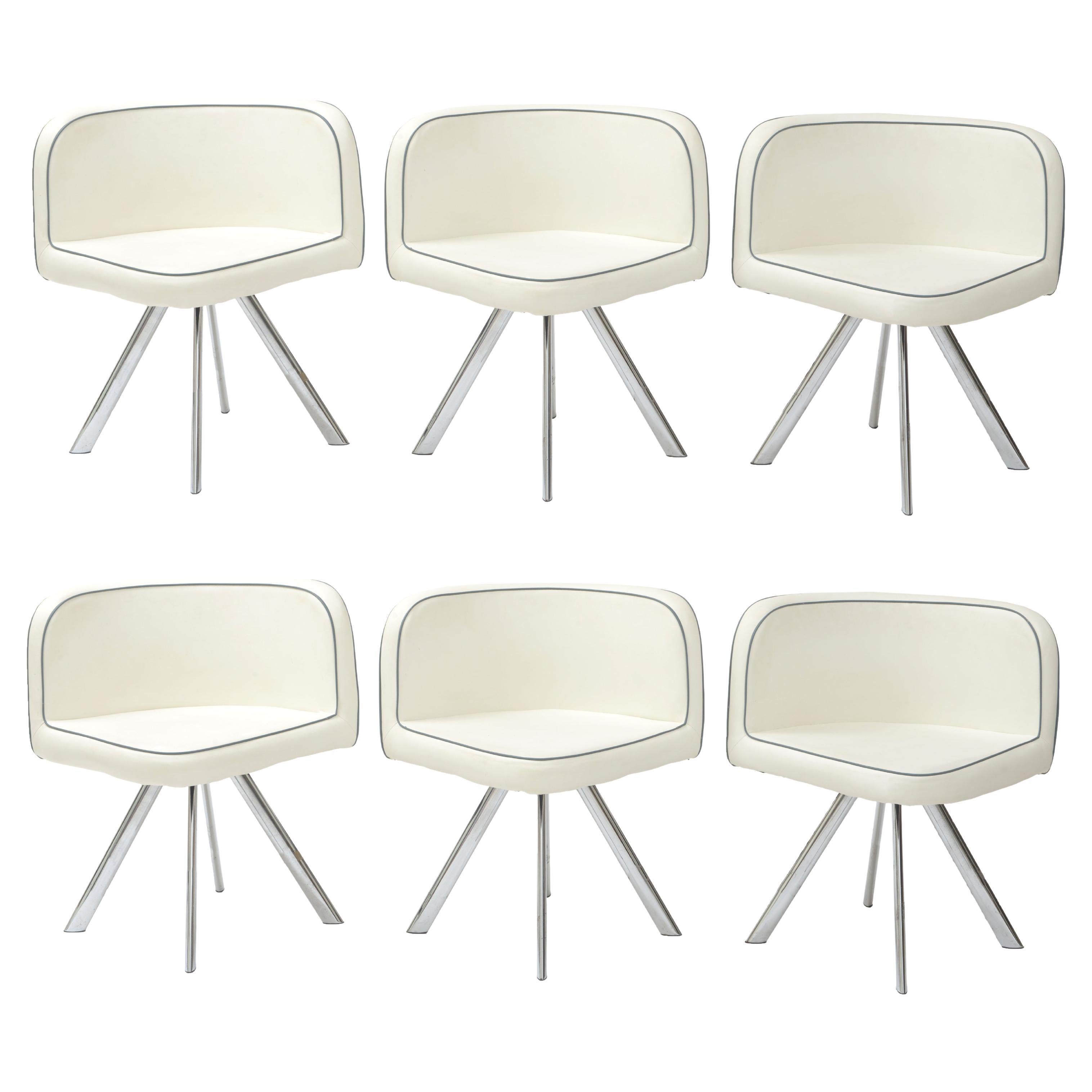 6 Leatherette White Dining Chairs Black Piping Chrome Feet, Post Modern 1980's