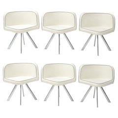 Retro 6 Leatherette White Dining Chairs Black Piping Chrome Feet, Post Modern 1980's