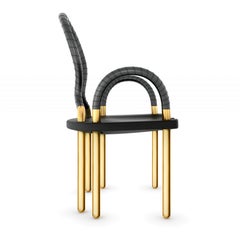 Brass Chair With Oak Seat And Black Leather