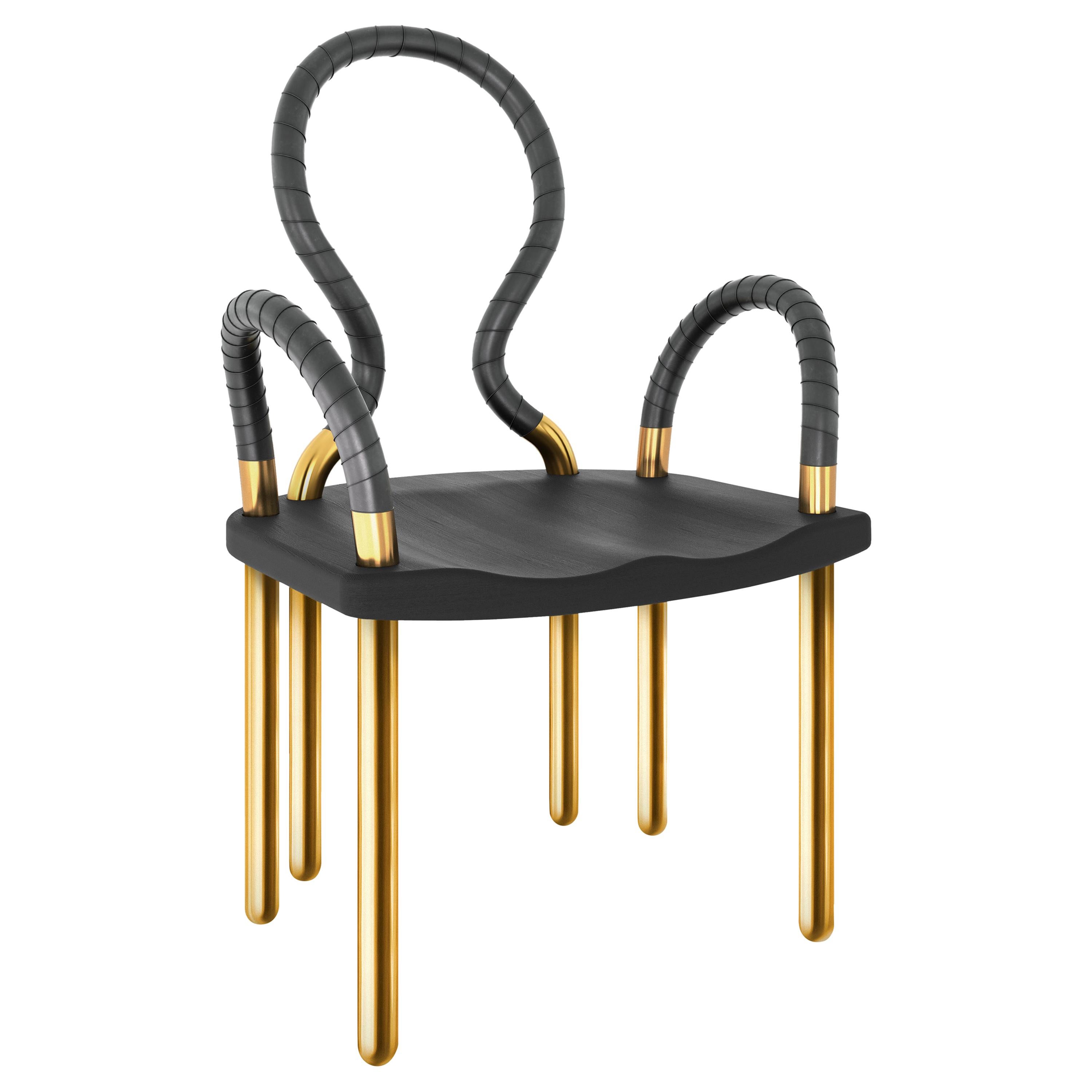 Brass And Wood Chair with Black Leather Wrap For Sale