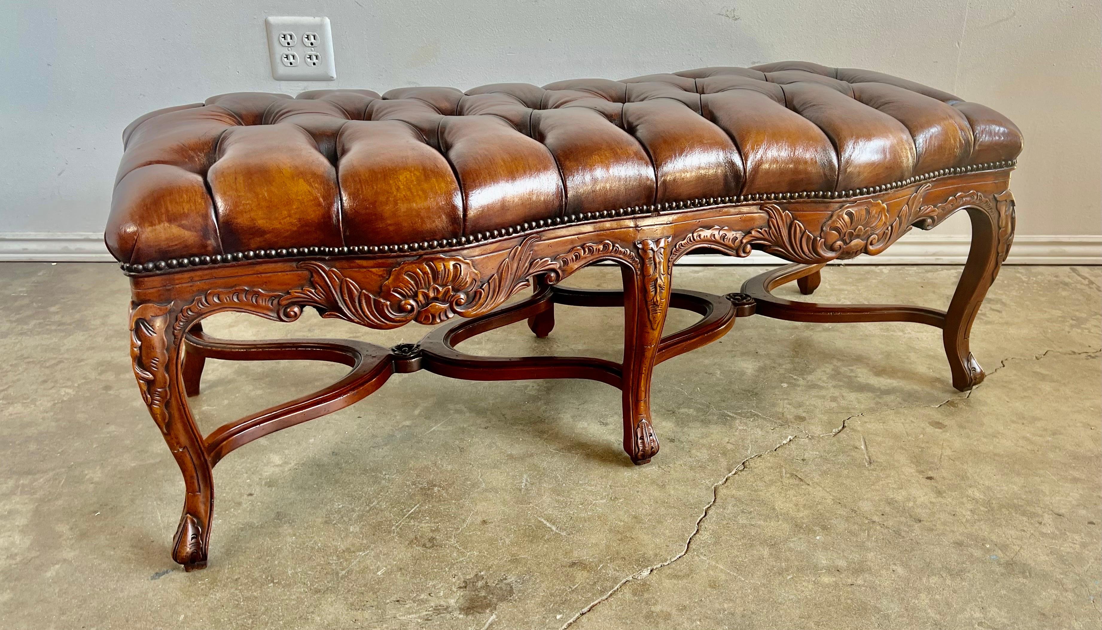 6-Legged French Louis XV Style Leather Tufted Bench 5