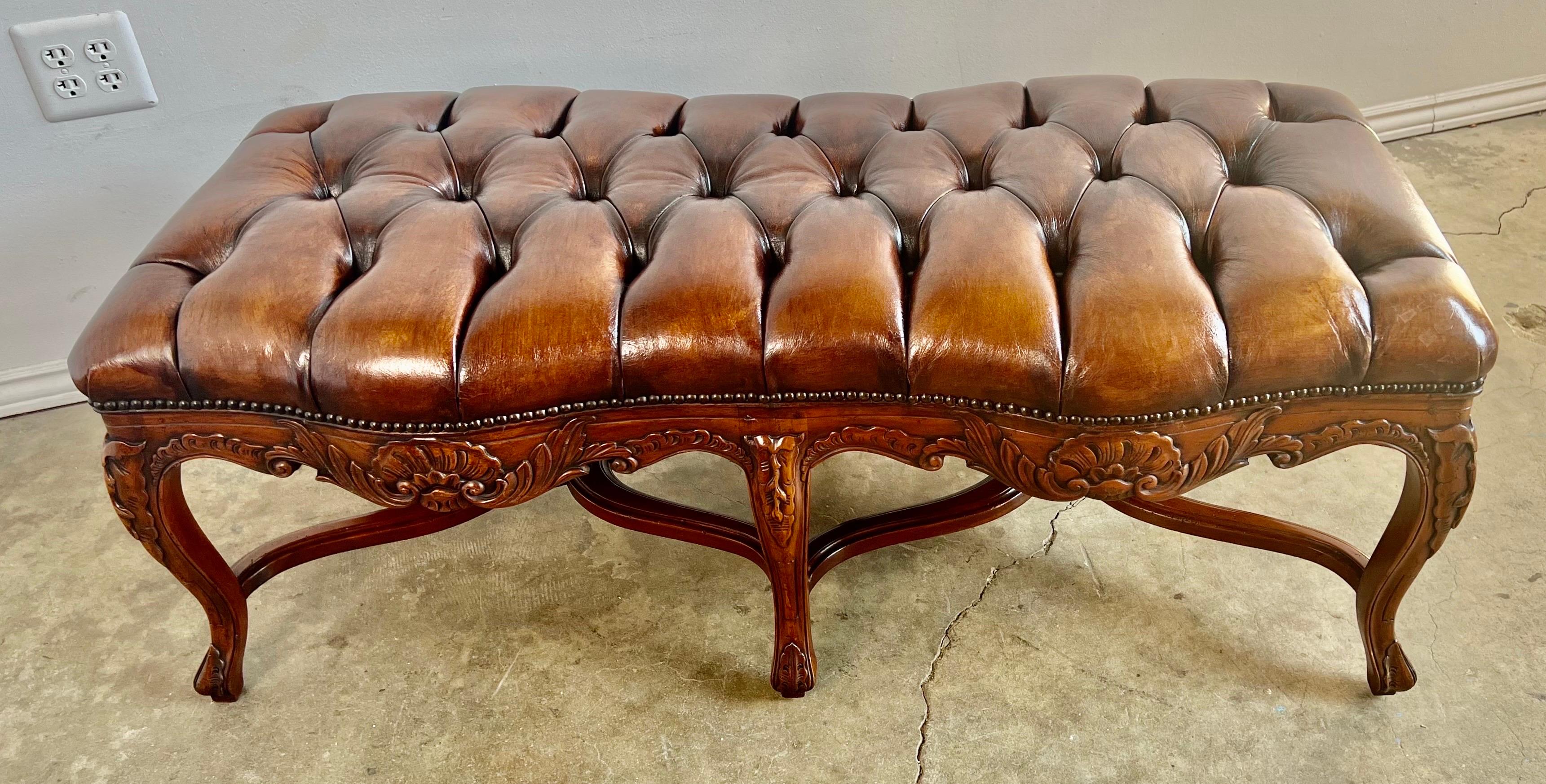 6-Legged French Louis XV Style Leather Tufted Bench 6
