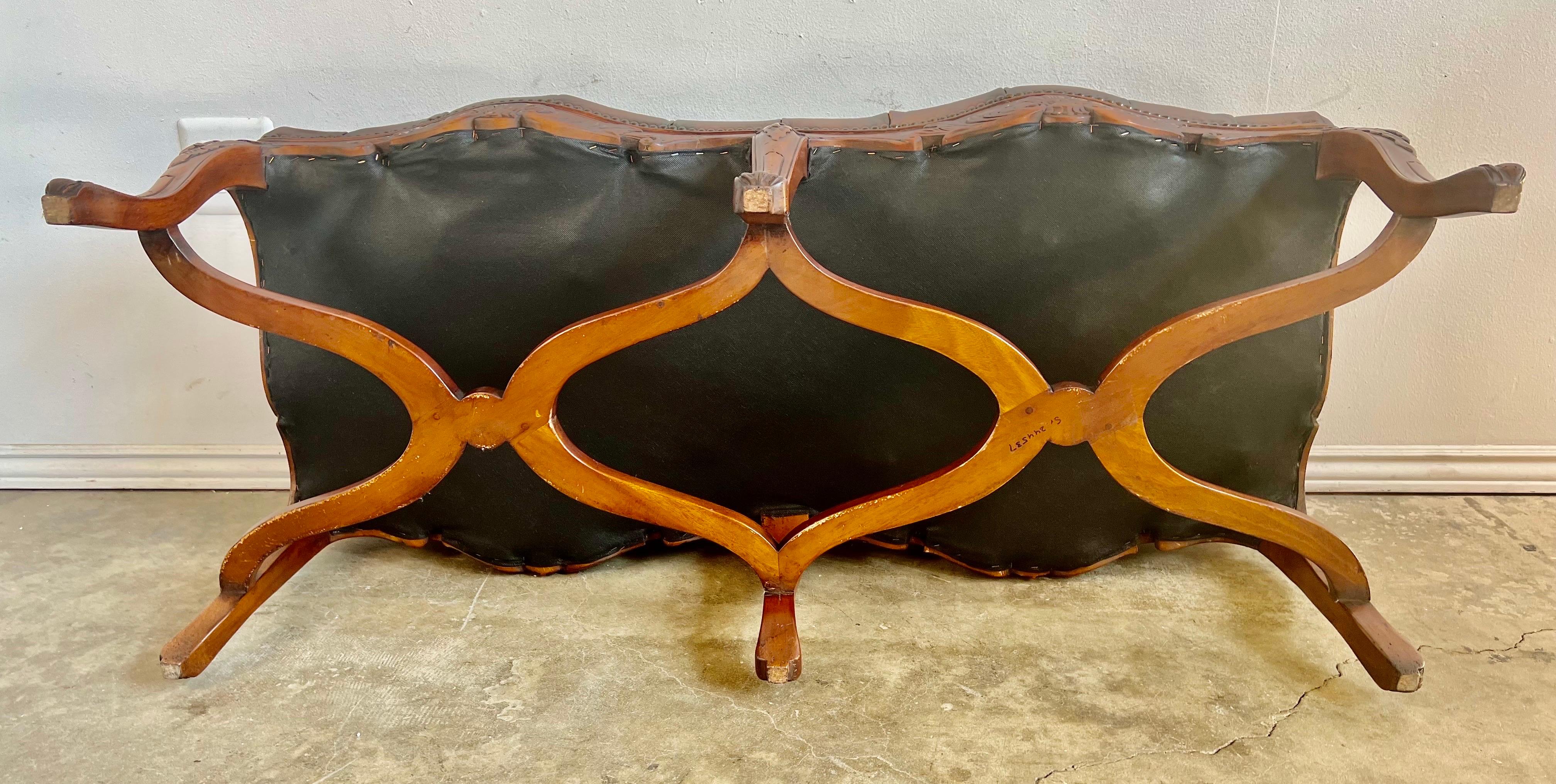 6-Legged French Louis XV Style Leather Tufted Bench 7