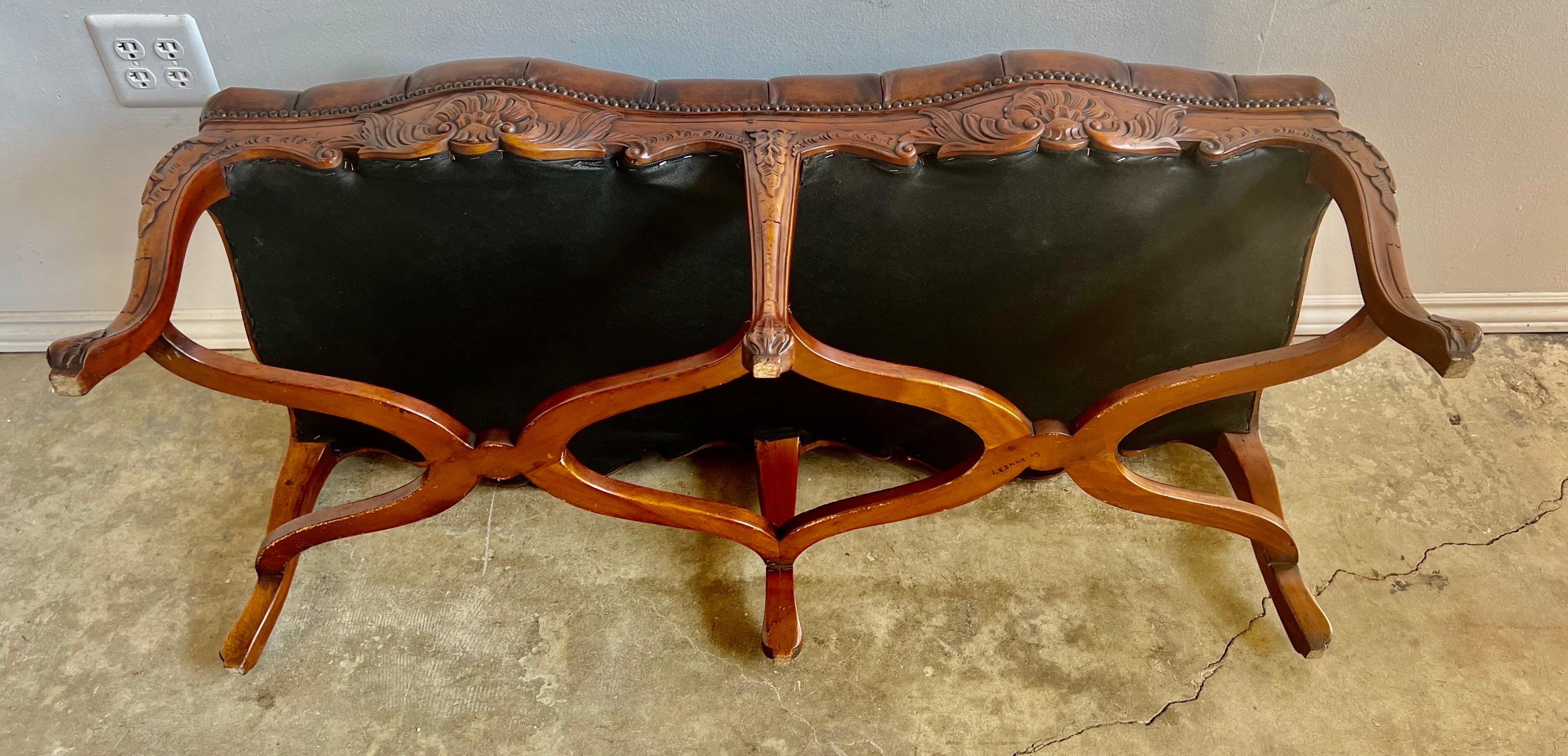 6-Legged French Louis XV Style Leather Tufted Bench 10
