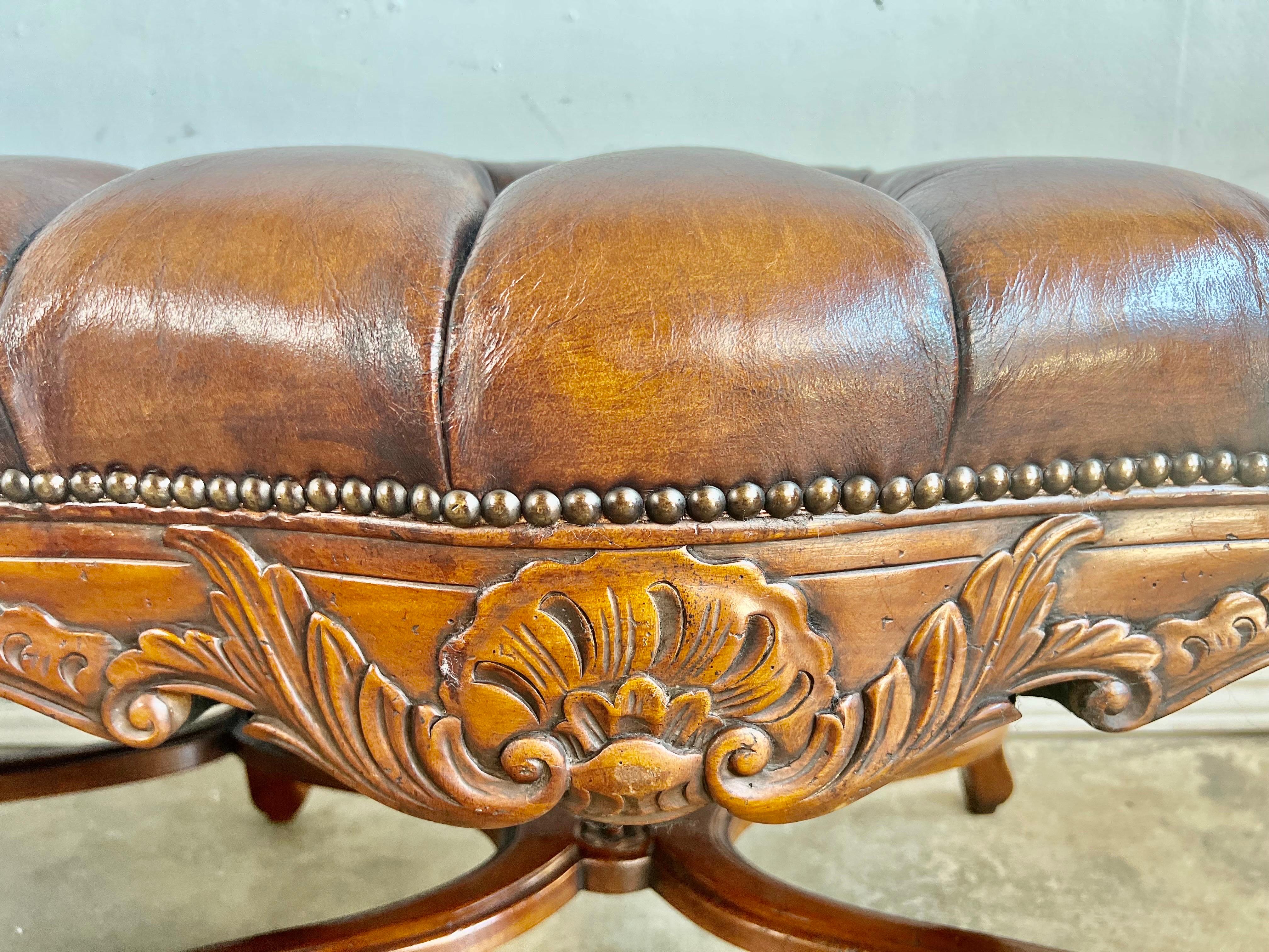 6-Legged French Louis XV Style Leather Tufted Bench 1