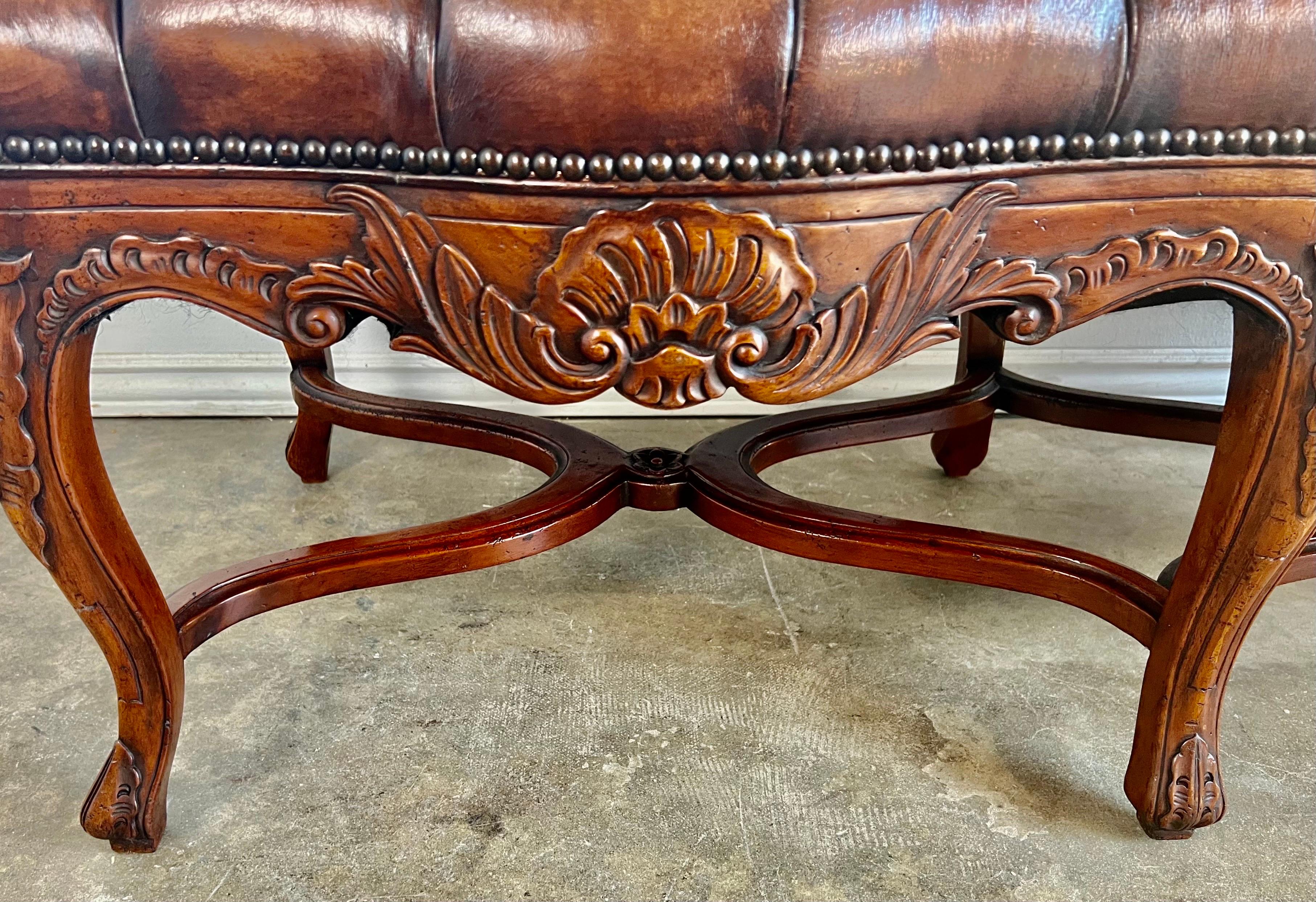 6-Legged French Louis XV Style Leather Tufted Bench 2