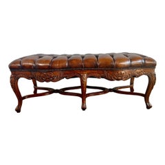 Antique 6-Legged French Louis XV Style Leather Tufted Bench