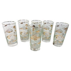 Retro 6 Libbey Glass Highball Glasses in the Marine Life Pattern