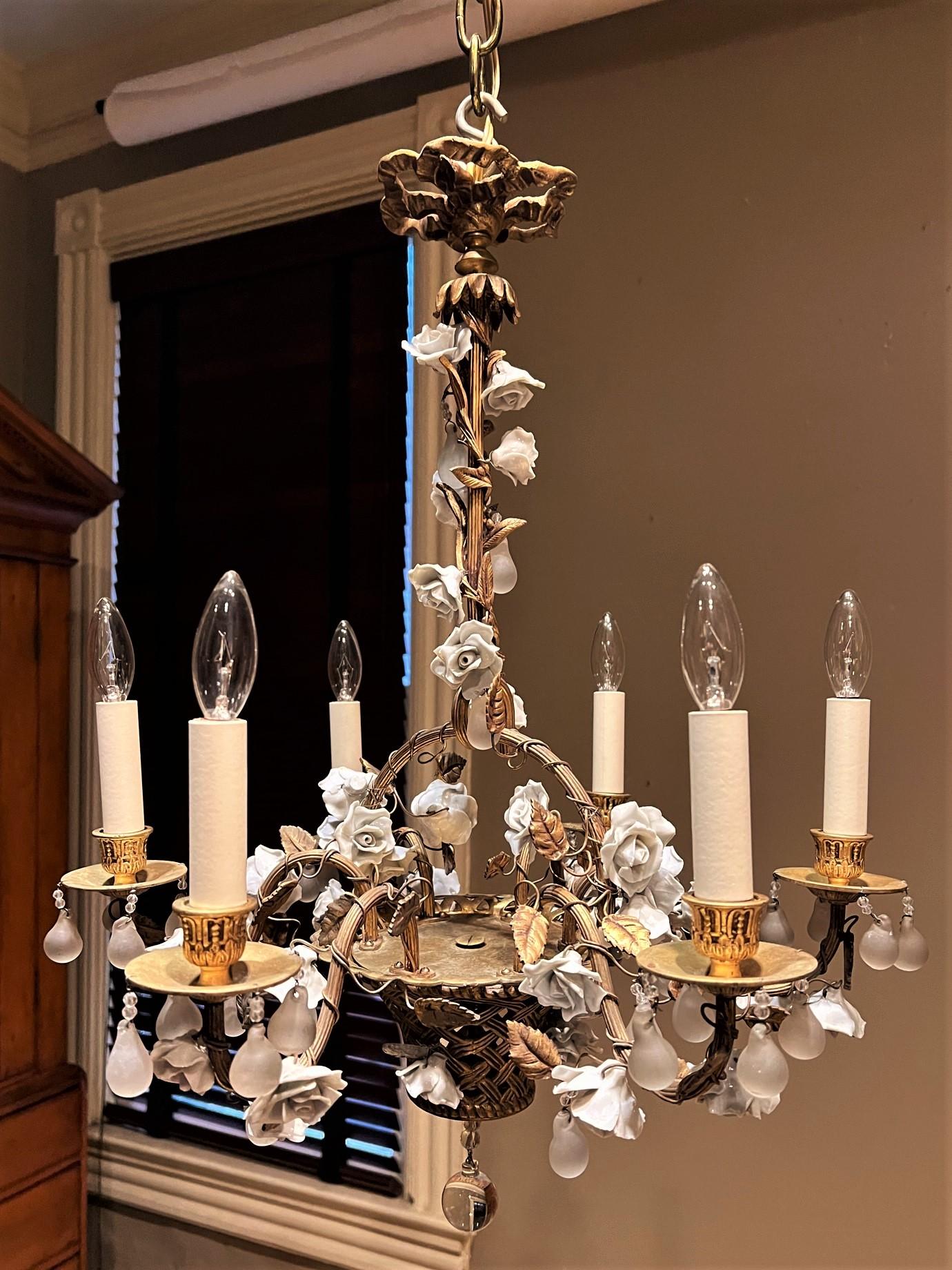 Rococo 6-Light Bronze Basket Chandelier With Porcelain Roses, France, Circa:1935 For Sale