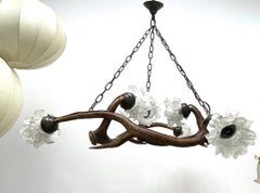 6 Light Deer Antler Chandelier with Flower Glass Shades, 1920s