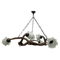 6 Light Deer Antler Chandelier with Flower Glass Shades, 1920s