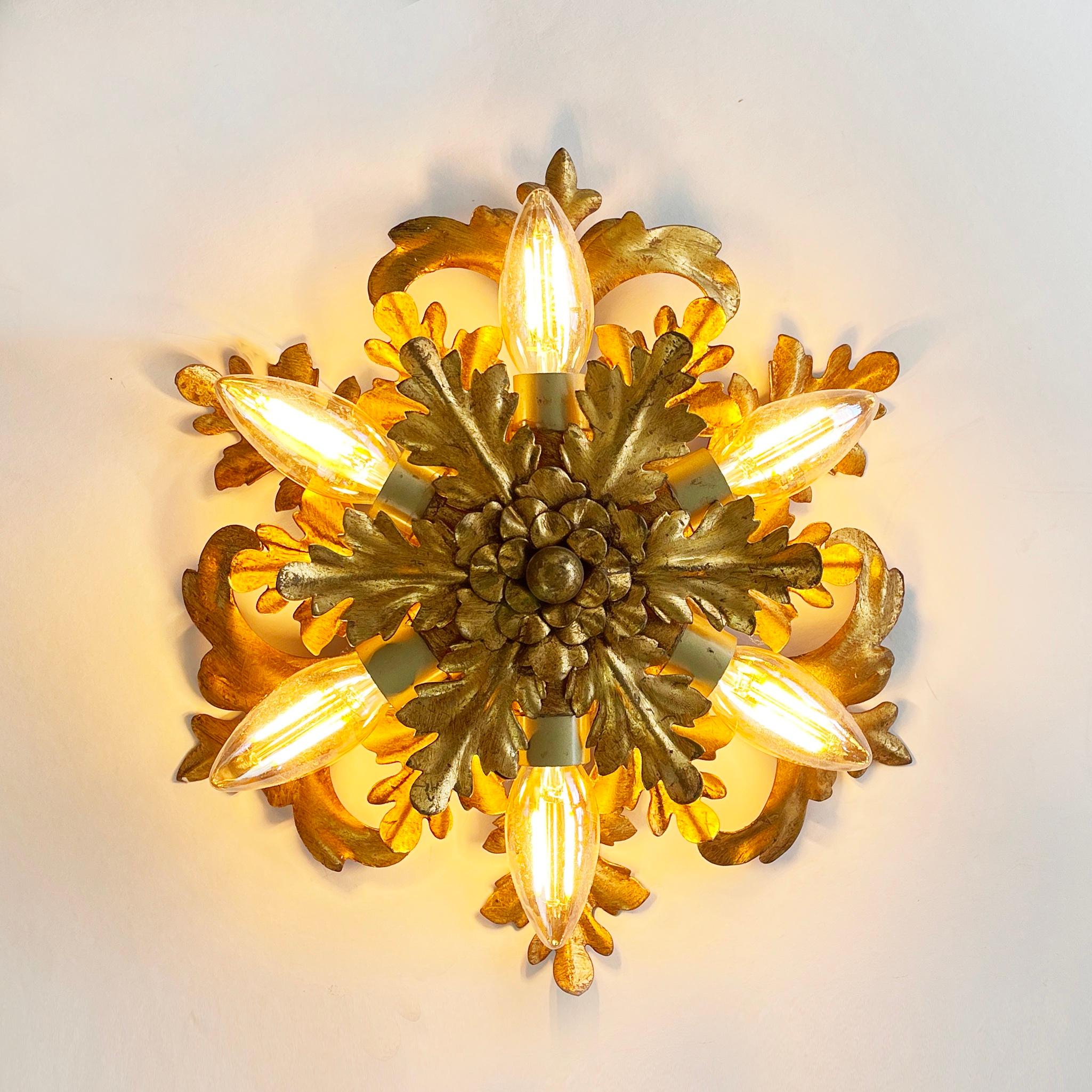 6-Leuchten Banci Firenze Sunburst Floral Deckenleuchte, Gold vergoldet, 1960er Jahre Italien (Barock)