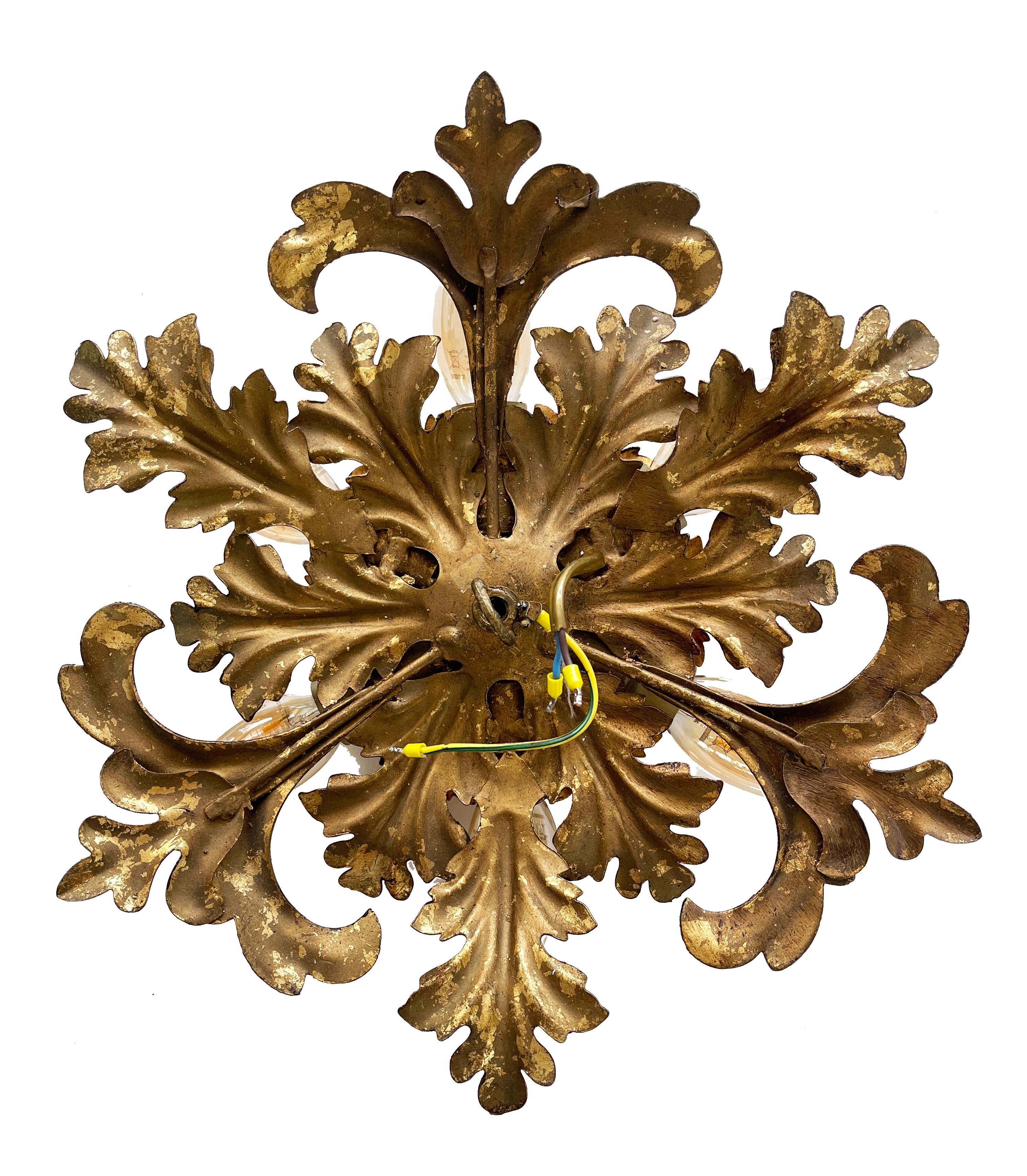 6-Leuchten Banci Firenze Sunburst Floral Deckenleuchte, Gold vergoldet, 1960er Jahre Italien (Italienisch)