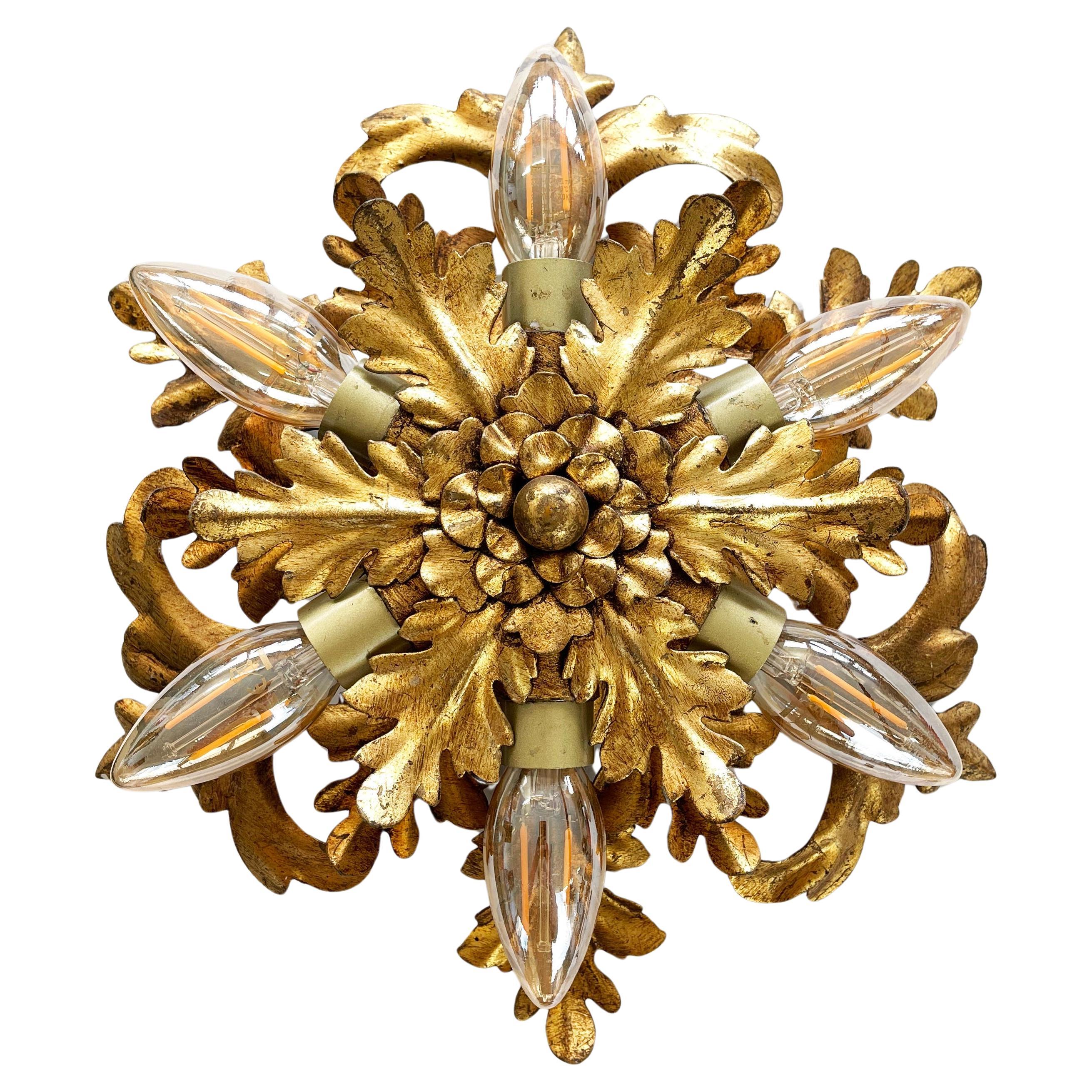 6-Leuchten Banci Firenze Sunburst Floral Deckenleuchte, Gold vergoldet, 1960er Jahre Italien