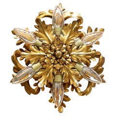 Applique da soffitto a 6 luci con fiori a raggiera di Banci Firenze, oro dorato, Italia anni '60