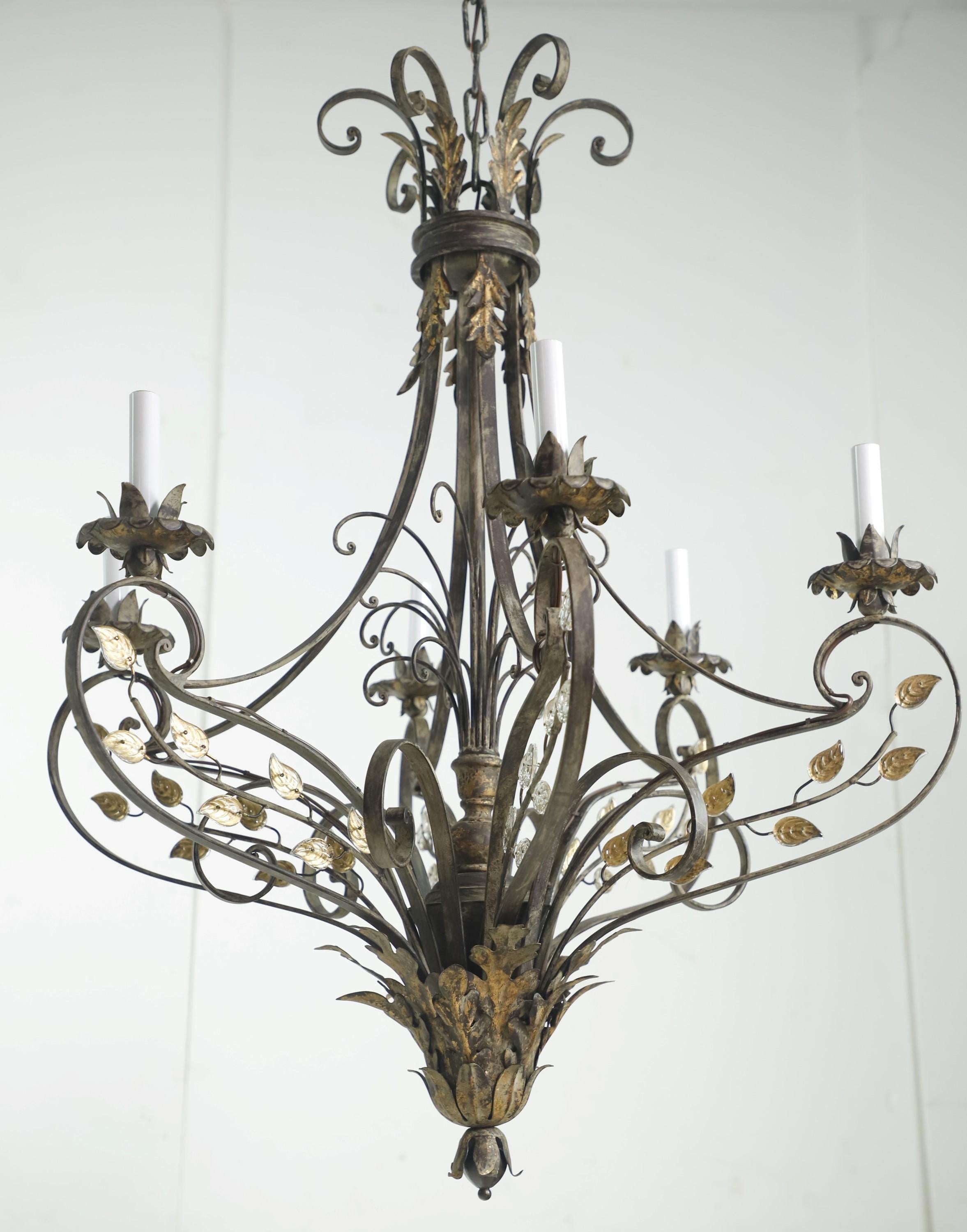 6 Light Gilt Wrought Iron & Crystal Leaves Chandelier In Good Condition For Sale In New York, NY