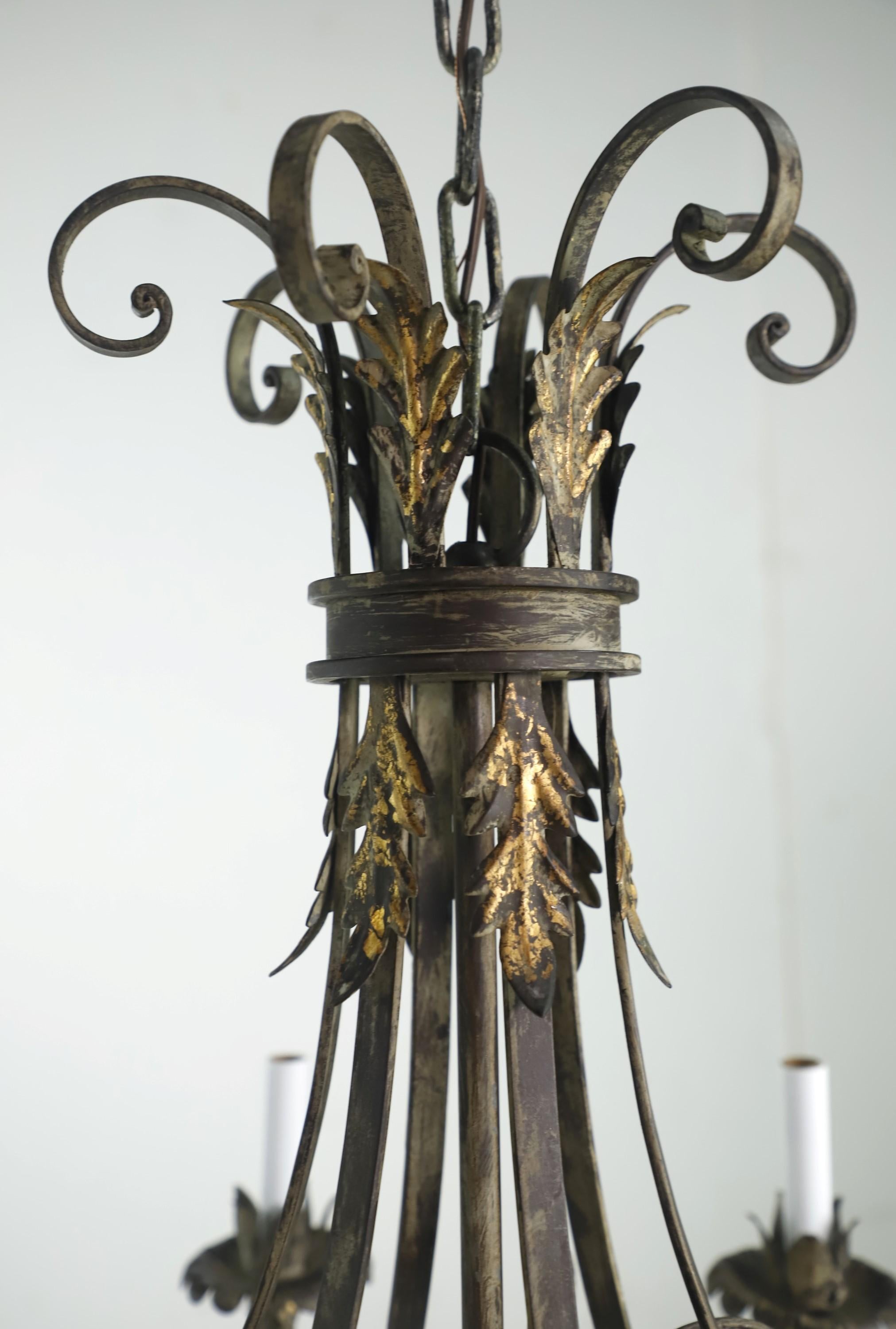 6 Light Gilt Wrought Iron & Crystal Leaves Chandelier For Sale 3
