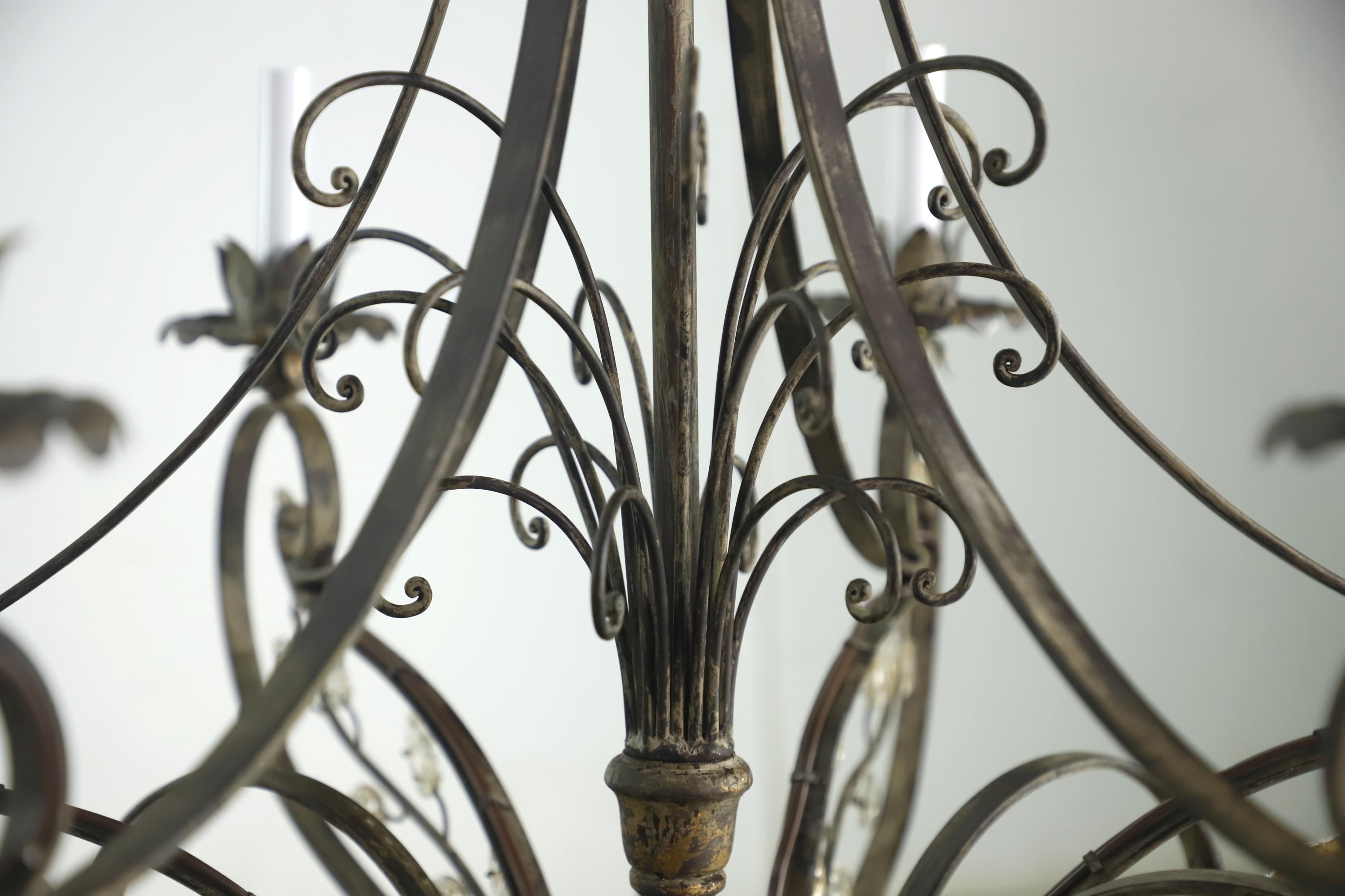 6 Light Gilt Wrought Iron & Crystal Leaves Chandelier For Sale 5