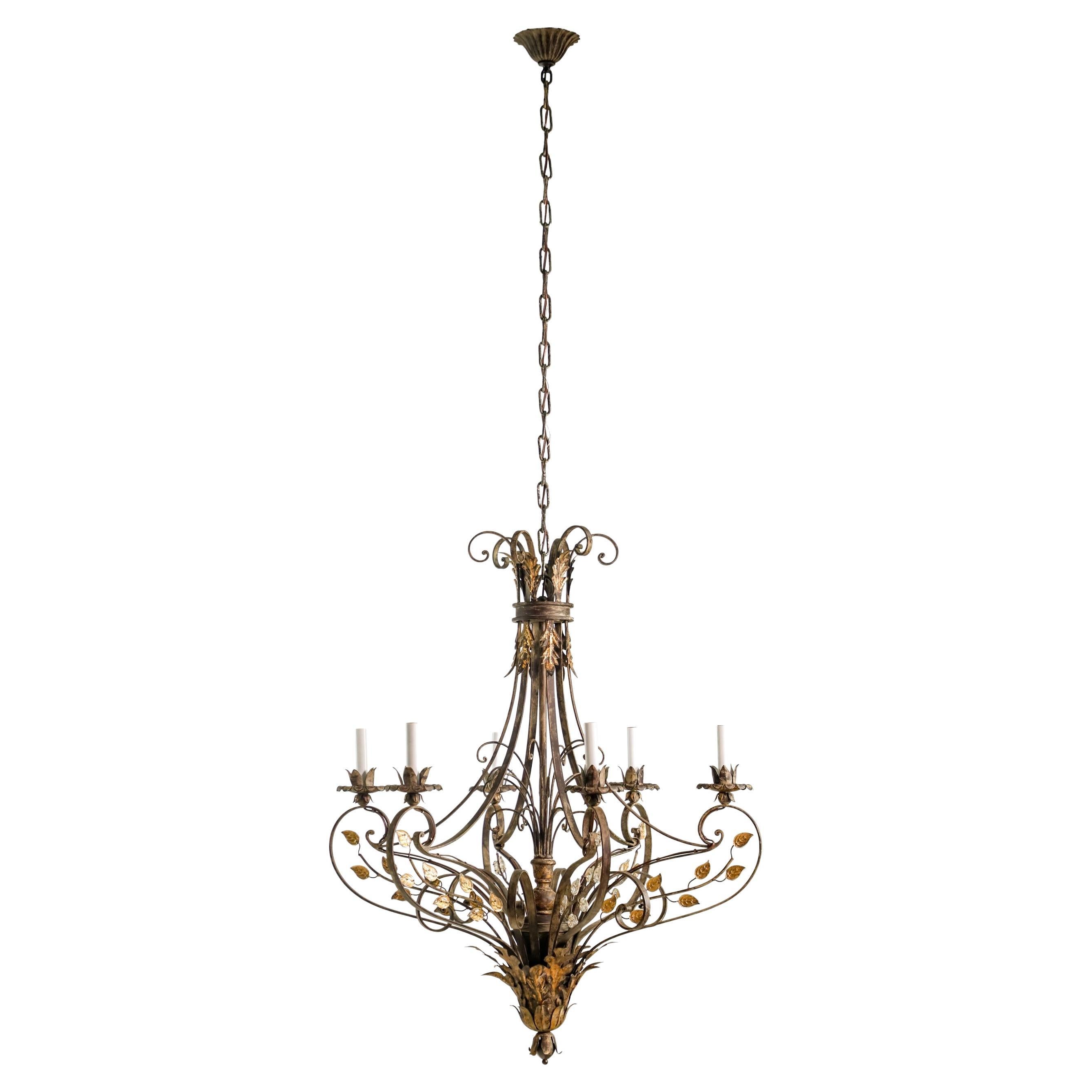 6 Light Gilt Wrought Iron & Crystal Leaves Chandelier For Sale