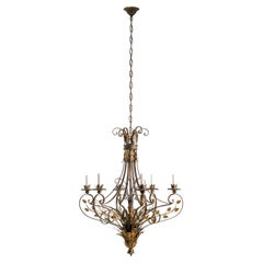 6 Light Gilt Wrought Iron & Crystal Leaves Chandelier