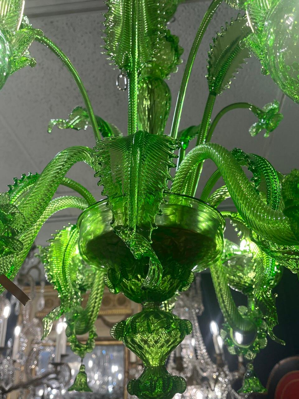 6 Light Green Venetian Glass Italian Chandelier For Sale at 1stDibs