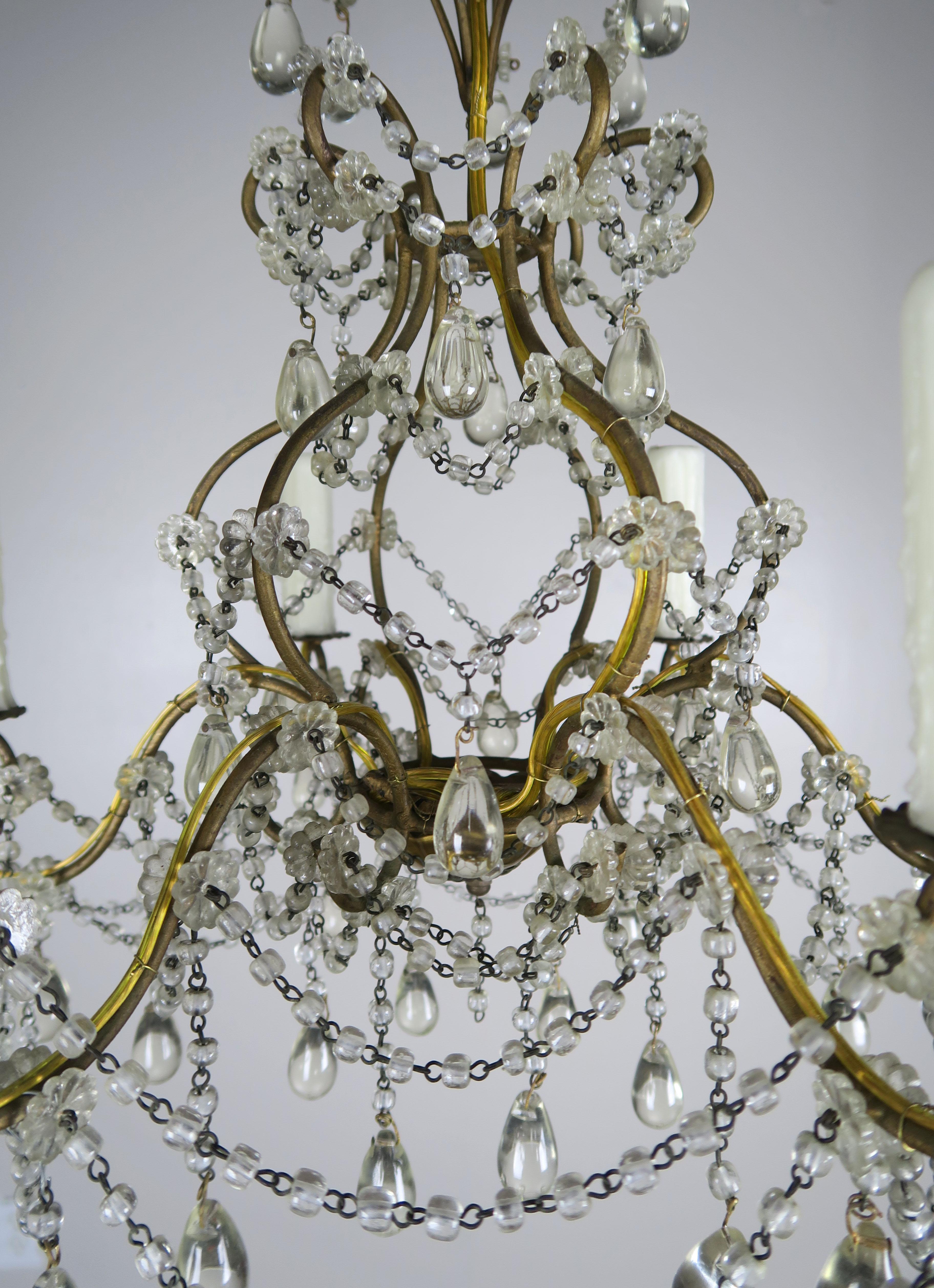 6-Light Italian Crystal Beaded Chandelier In Good Condition In Los Angeles, CA