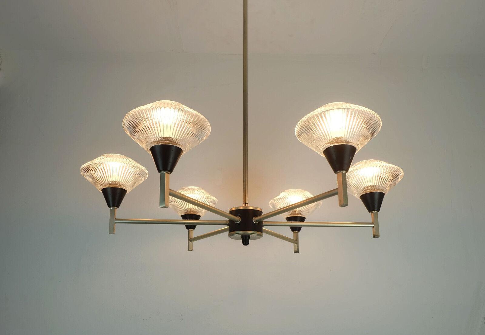 Lampada a sospensione CHANDELIER a 6 luci di metà secolo in vetro, alluminio e metallo earyl 1960 in vendita 5
