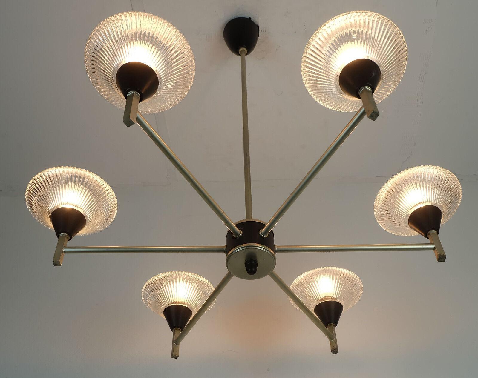 Metà XX secolo Lampada a sospensione CHANDELIER a 6 luci di metà secolo in vetro, alluminio e metallo earyl 1960 in vendita