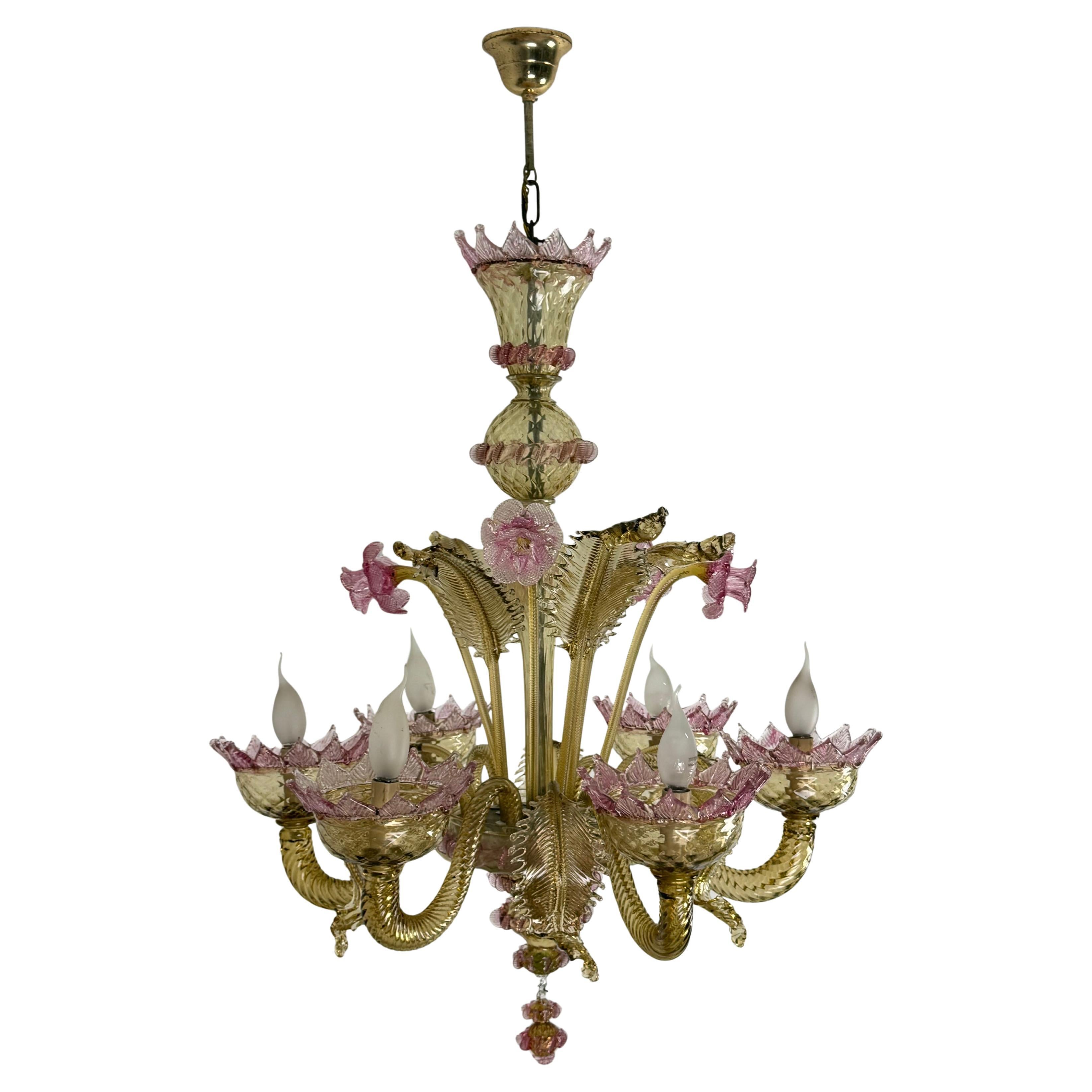 Lampadario a 6 luci in vetro di Murano attribuito ai 