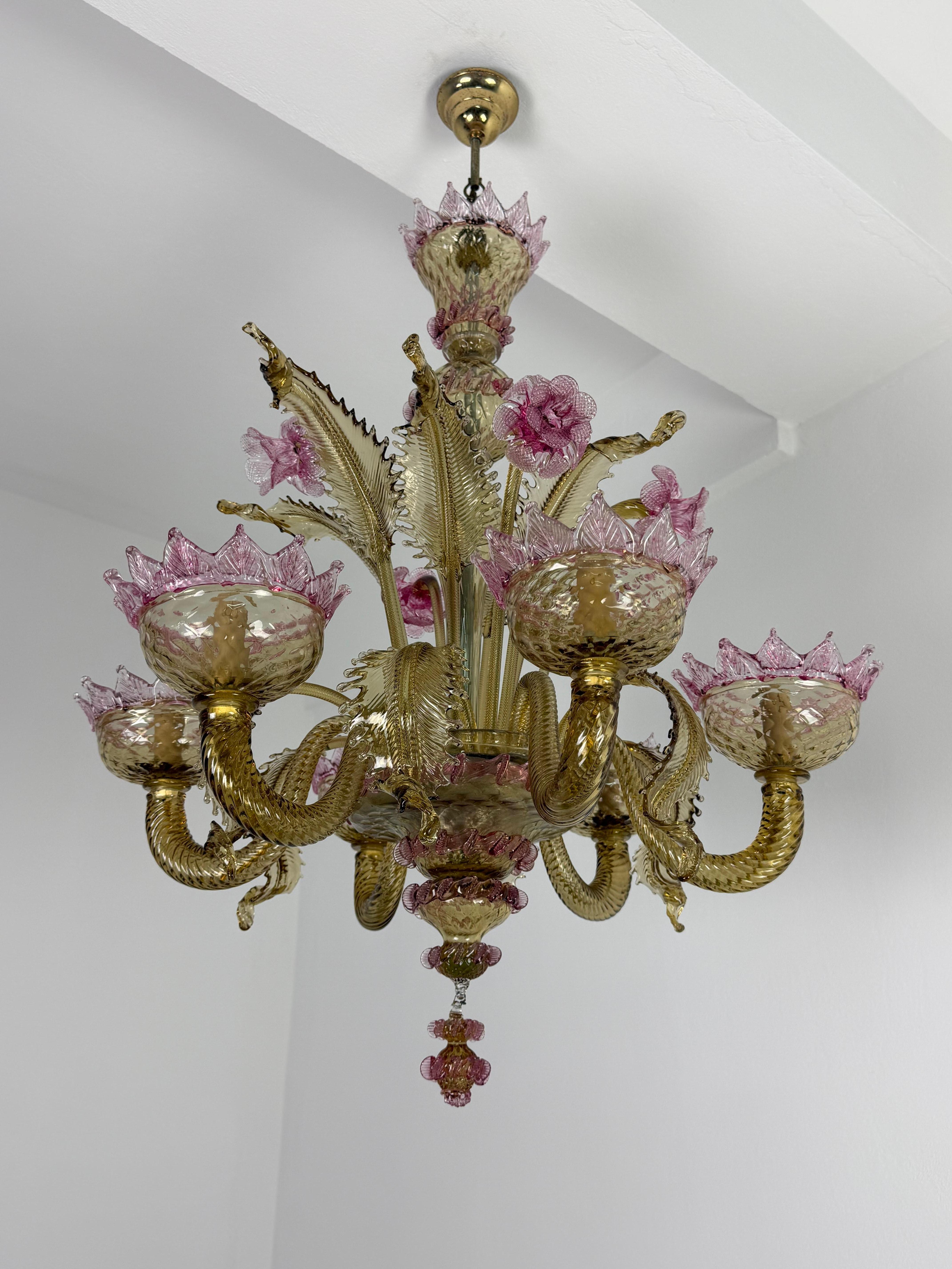 Lampadario a 6 luci in vetro di Murano attribuito ai 