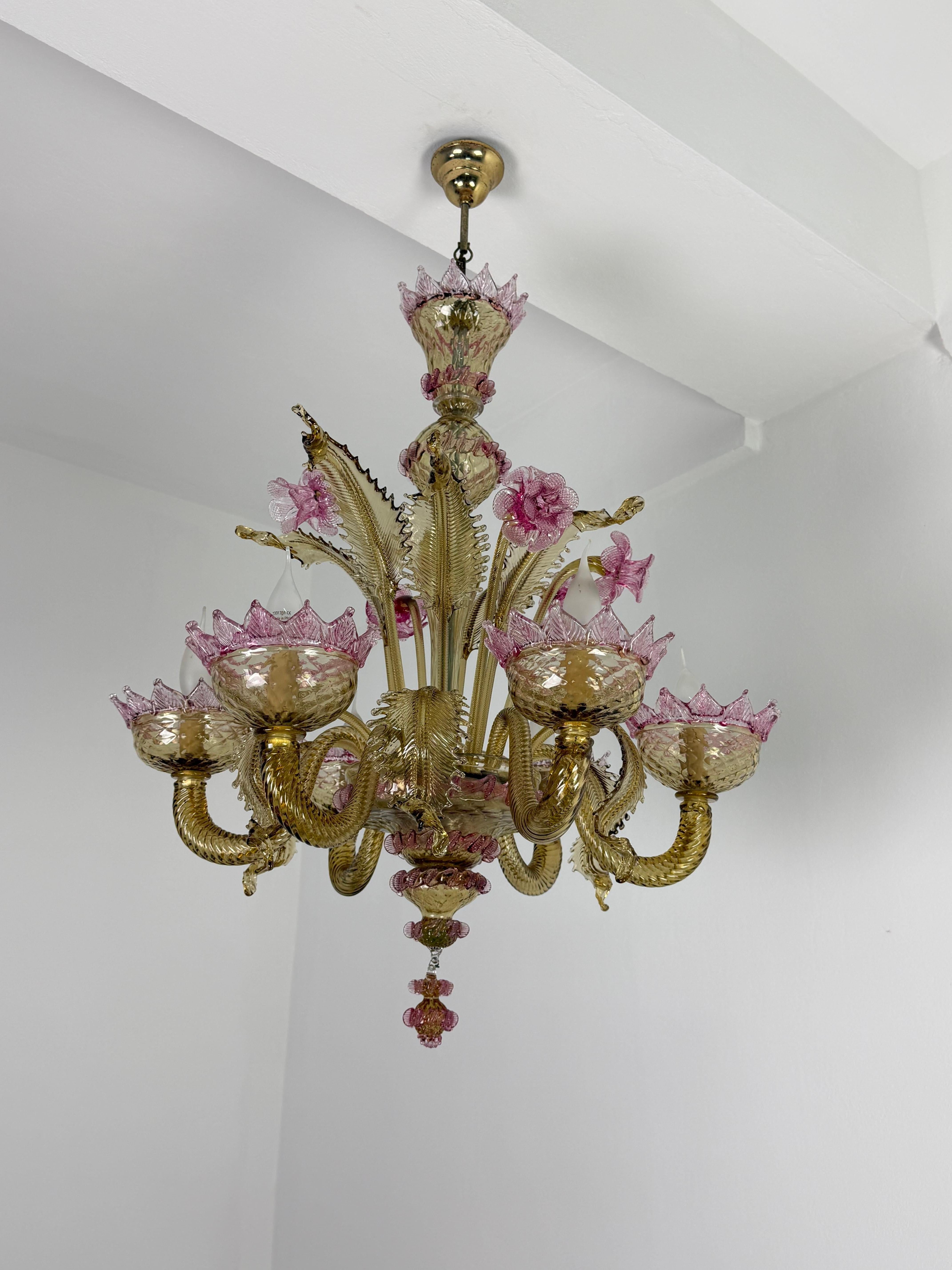 Fine XX secolo Lampadario a 6 luci in vetro di Murano attribuito ai 