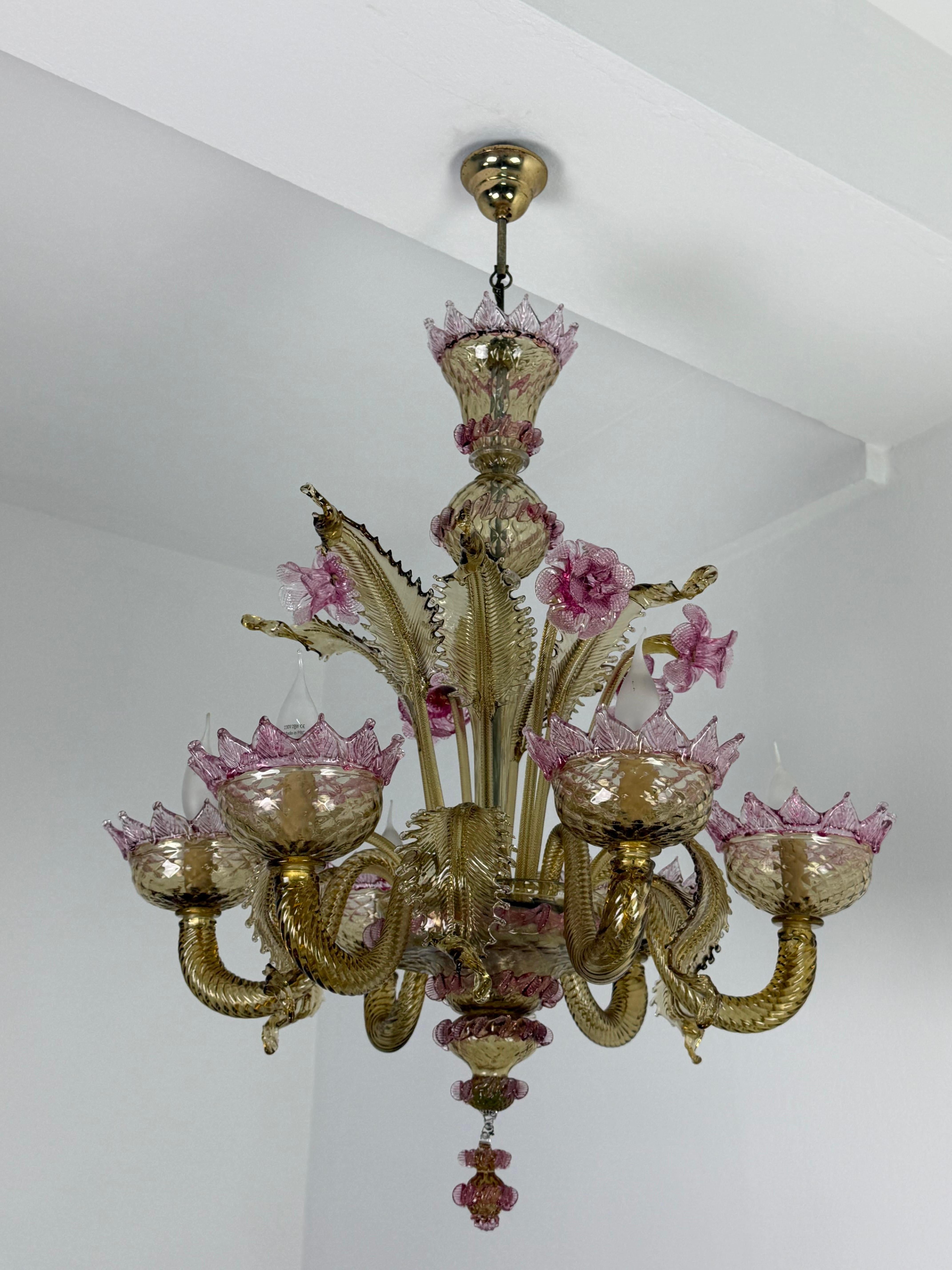 Lampadario a 6 luci in vetro di Murano attribuito ai 