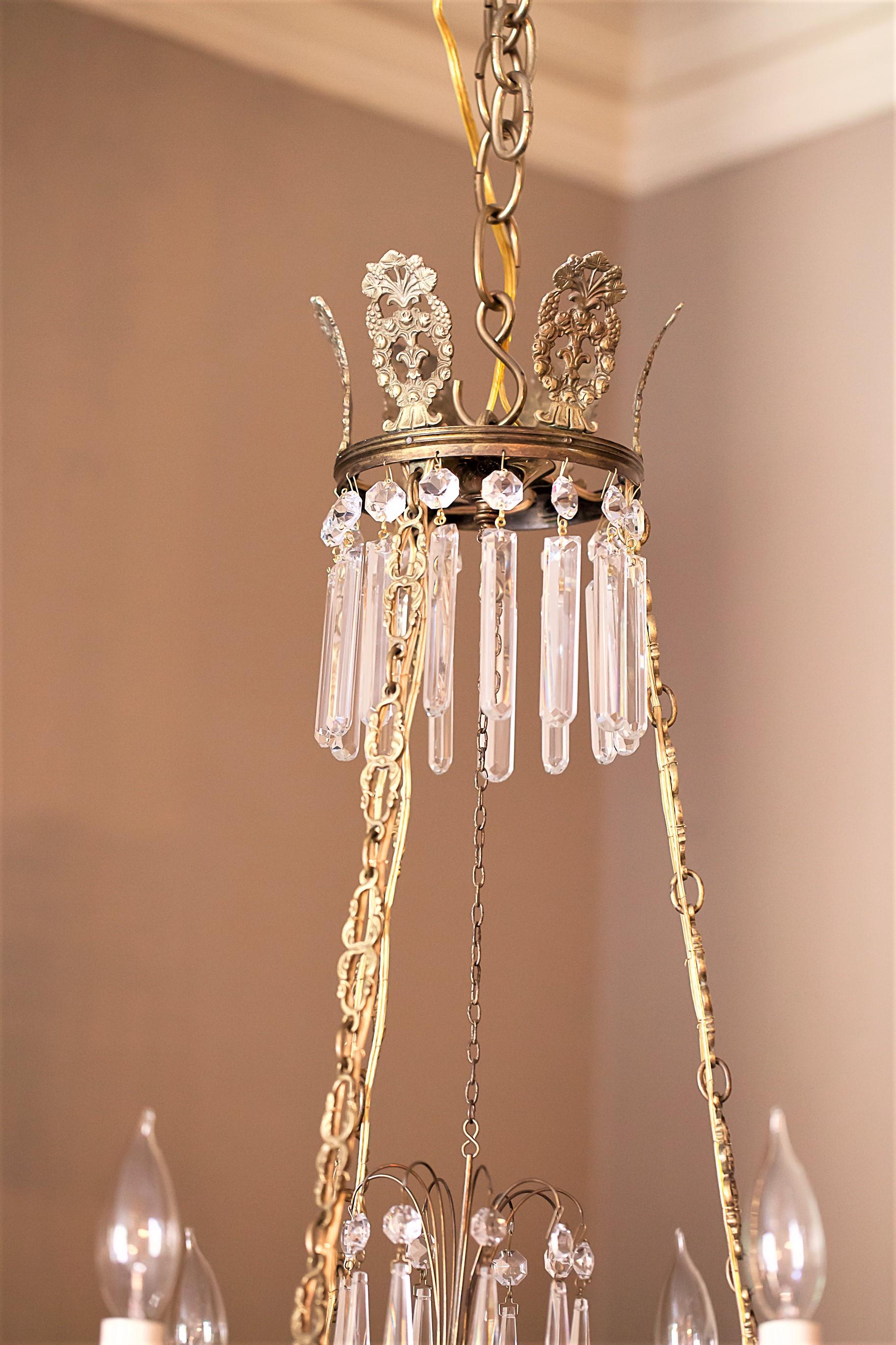 Swedish 6-Light Neoclassical Style Brass and Crystal Chandelier, Sweden, circa 1890 For Sale