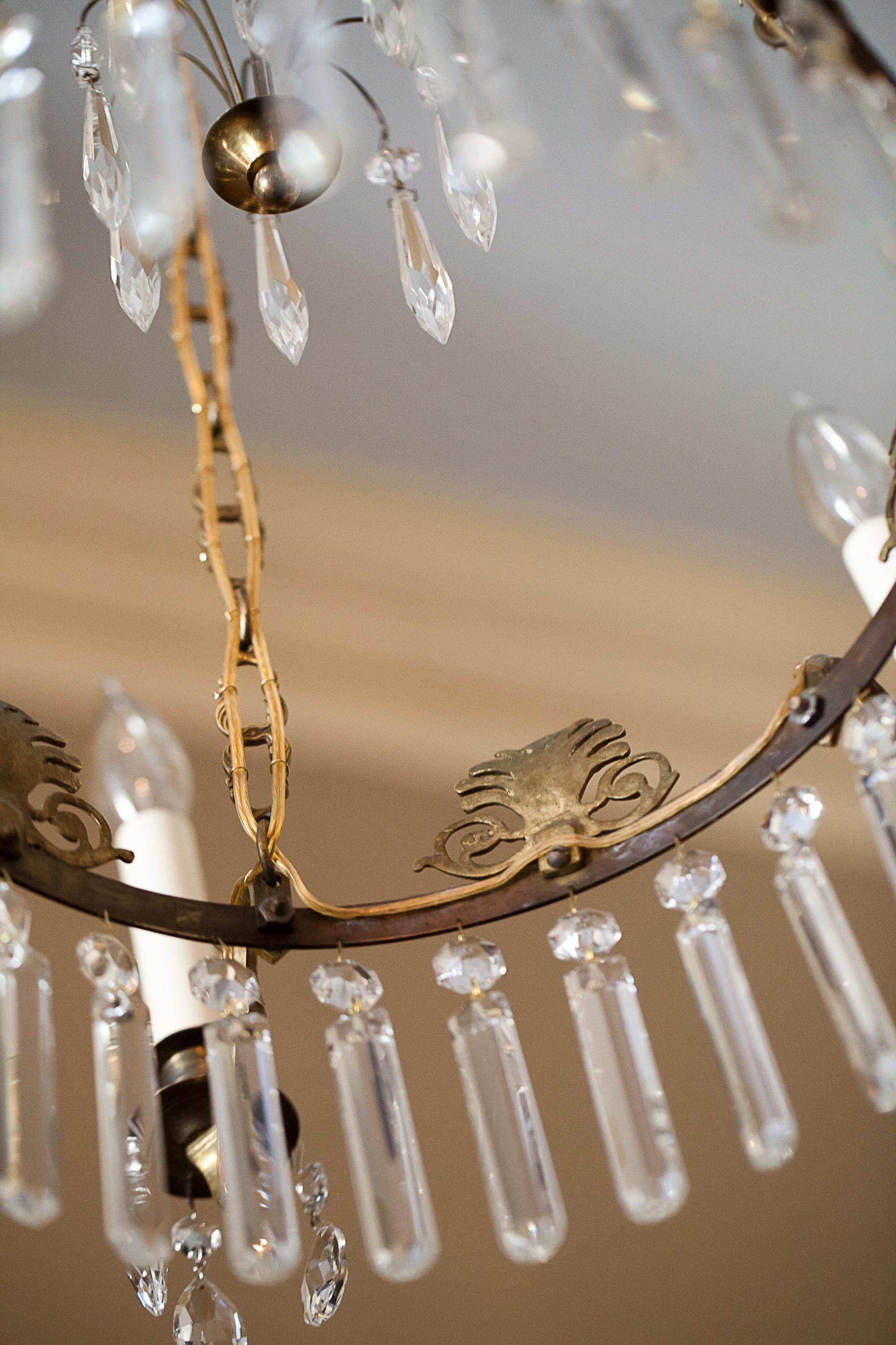 19th Century 6-Light Neoclassical Style Brass and Crystal Chandelier, Sweden, circa 1890 For Sale